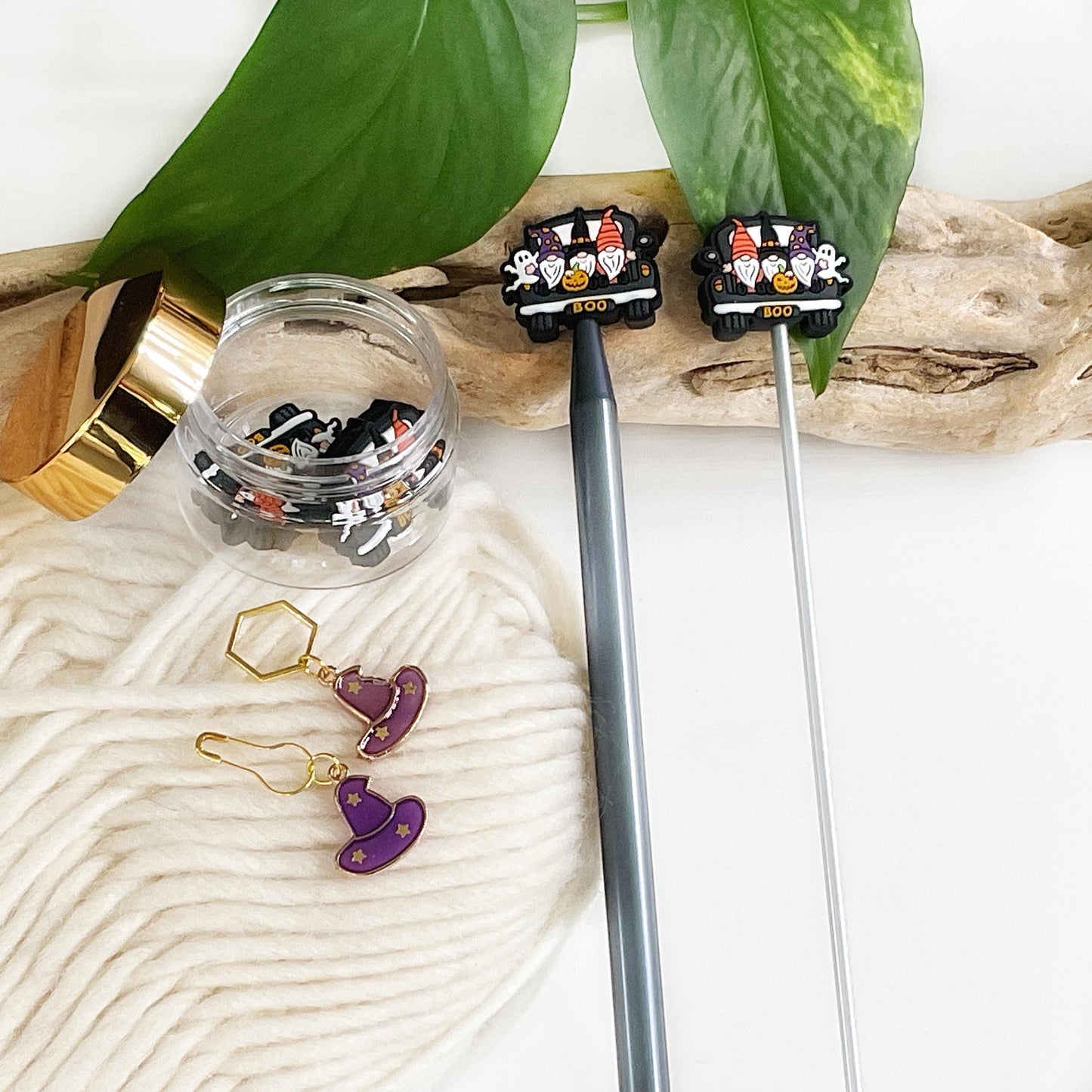 HALLOWEEN GNOME MOBILE set of 2 stitch stoppers + witch hat stitch marker, Crochet hook buddies, Autumn loving fun for knitters + crocheters