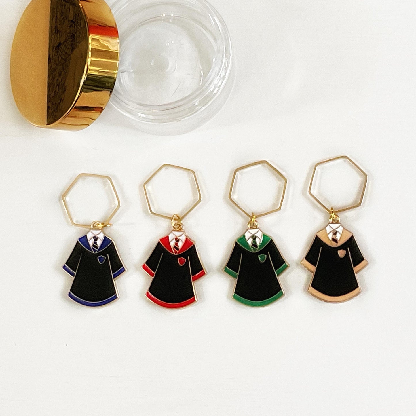 WIZARD + WITCH School ROBES, Set of 4 knit + crochet stitch markers + storage jar, 1 free additional surprise stitch marker