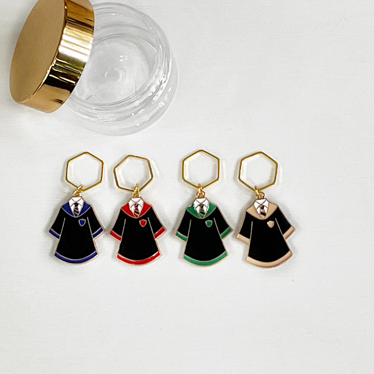WIZARD + WITCH School ROBES, Set of 4 knit + crochet stitch markers + storage jar, 1 free additional surprise stitch marker