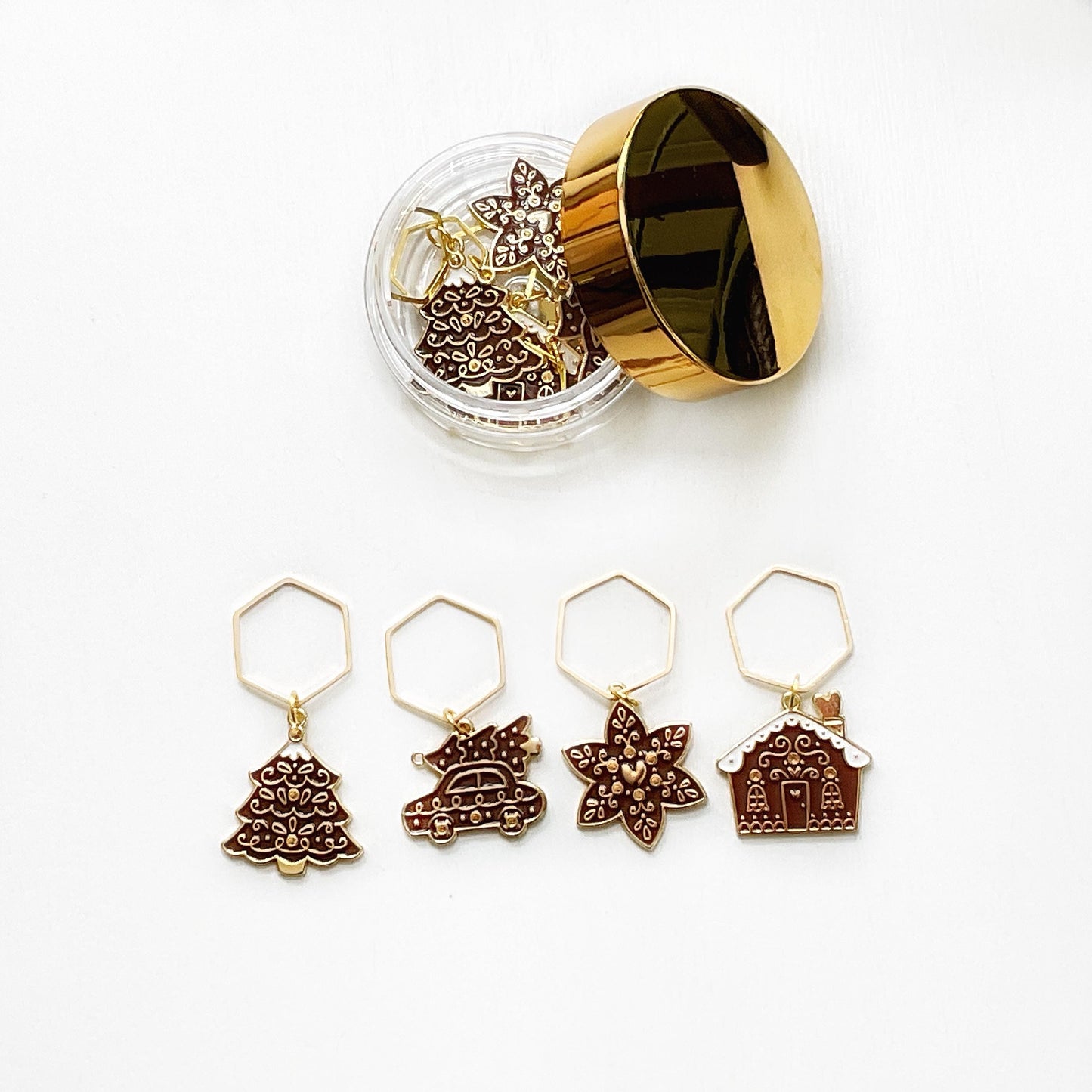 Set of 4 stitch markers, KNIT or CROCHET funny black CAT enamel markers + storage jar + lid, row markers, fun cat antics progress keepers