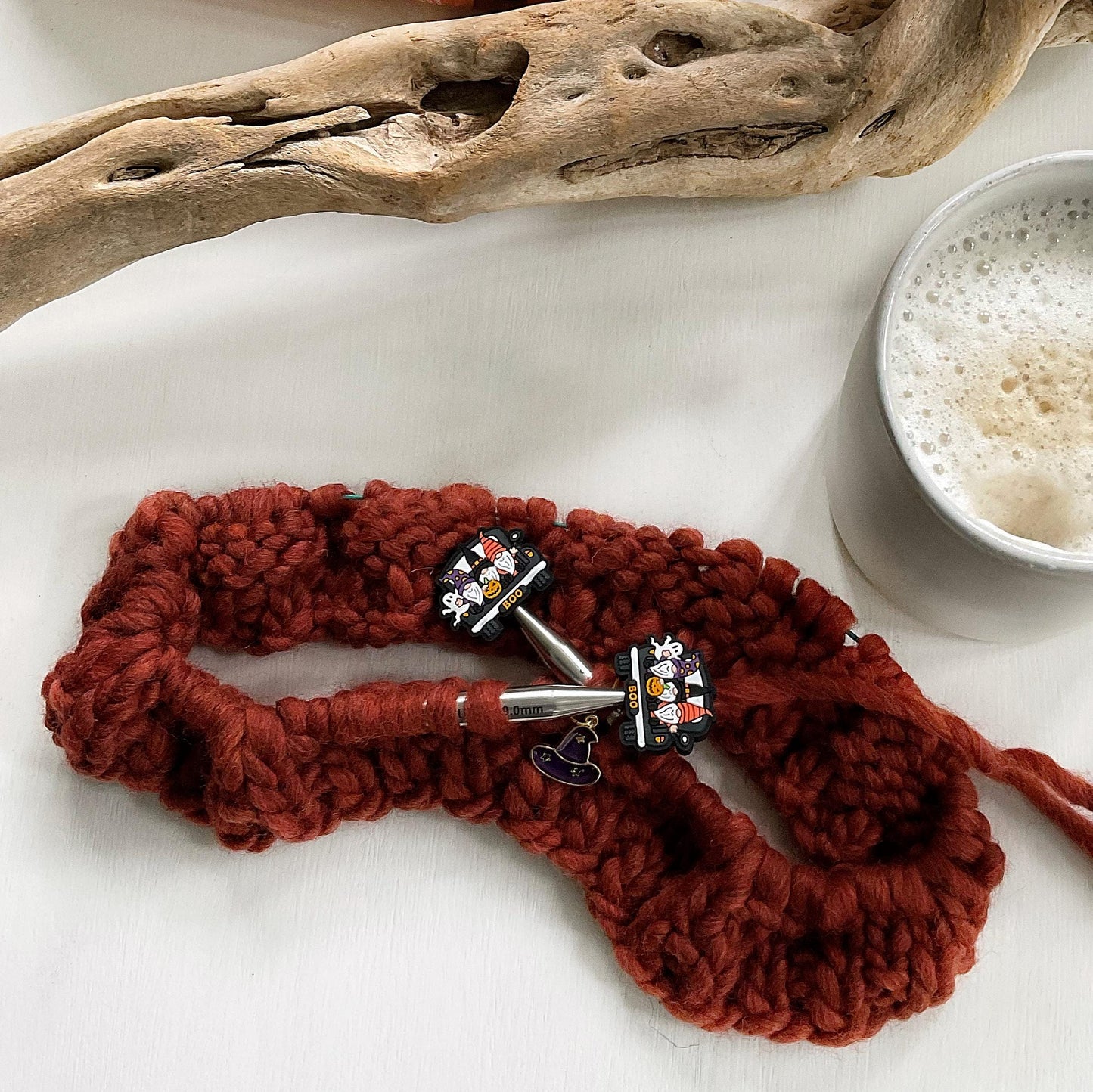 HALLOWEEN GNOME MOBILE set of 2 stitch stoppers + witch hat stitch marker, Crochet hook buddies, Autumn loving fun for knitters + crocheters
