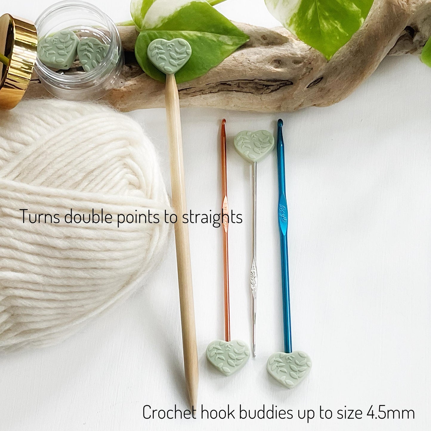 EMBOSSED HEARTS + LEAVES set of 2 stitch stoppers, Ivory Green or Red Knitting needle point protectors, keeps stitches safe, knit or crochet