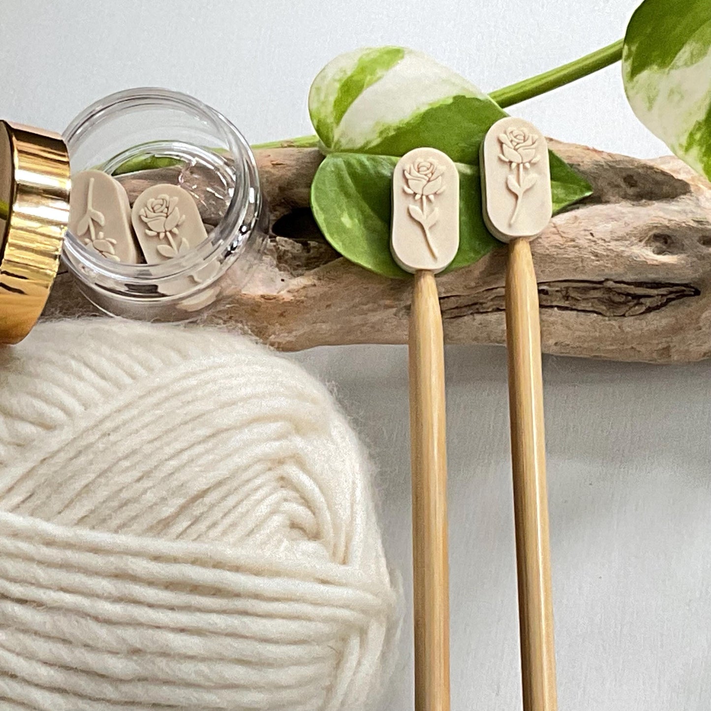 ROSE EMBOSSED set of 2 stitch stoppers, Knitting needle point protectors, keep your stitches safe, knit or crochet