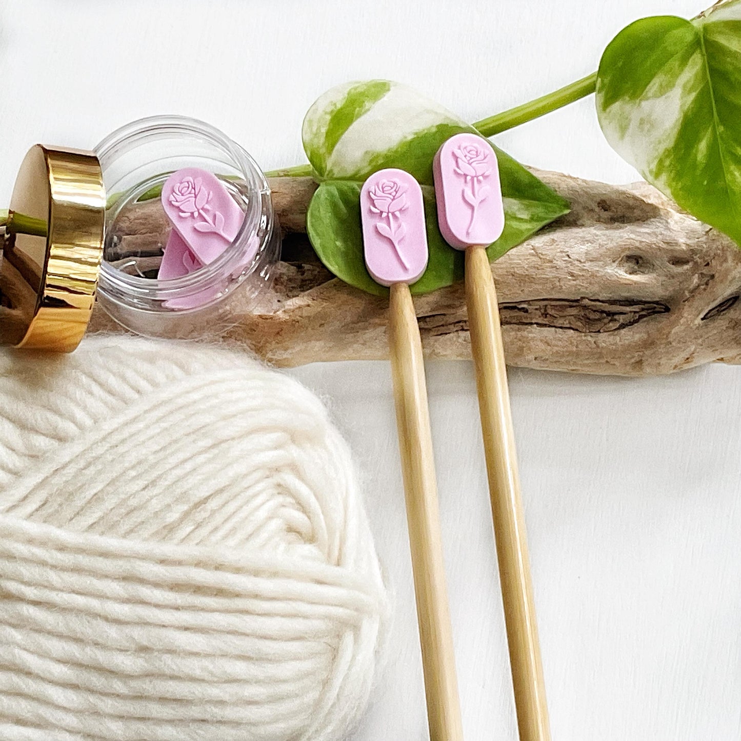 ROSE EMBOSSED set of 2 stitch stoppers, Knitting needle point protectors, keep your stitches safe, knit or crochet
