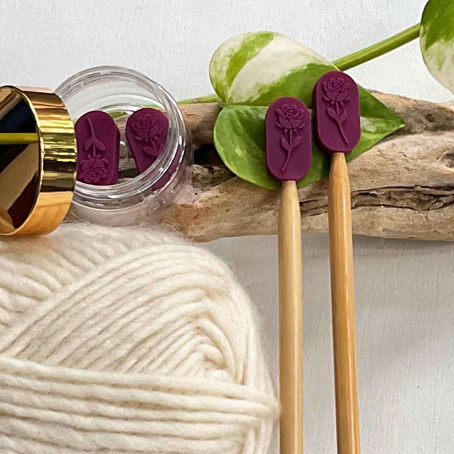 ROSE EMBOSSED set of 2 stitch stoppers, Knitting needle point protectors, keep your stitches safe, knit or crochet