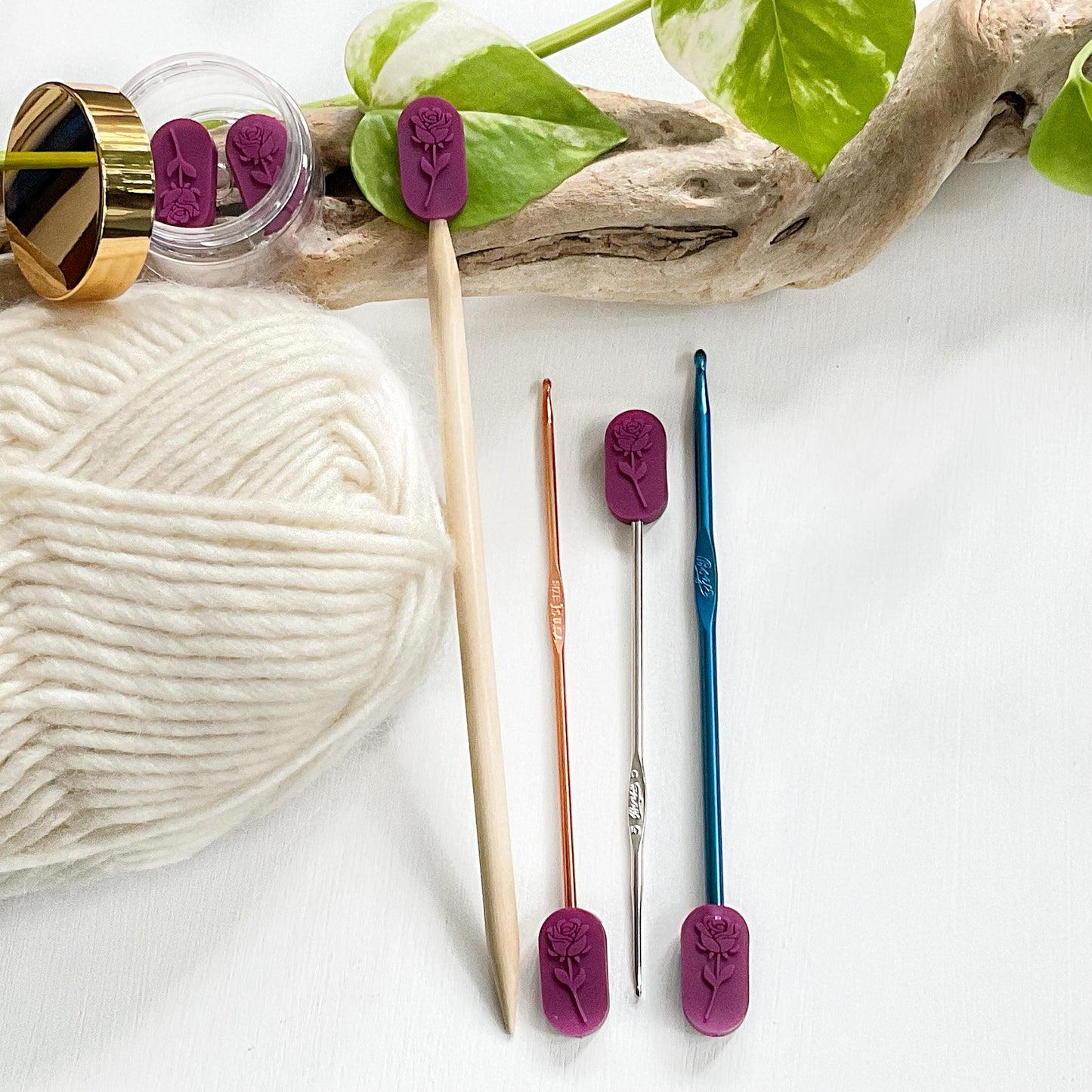ROSE EMBOSSED set of 2 stitch stoppers, Knitting needle point protectors, keep your stitches safe, knit or crochet