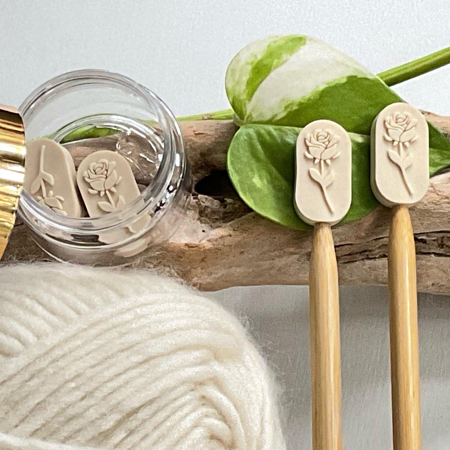 ROSE EMBOSSED set of 2 stitch stoppers, Knitting needle point protectors, keep your stitches safe, knit or crochet