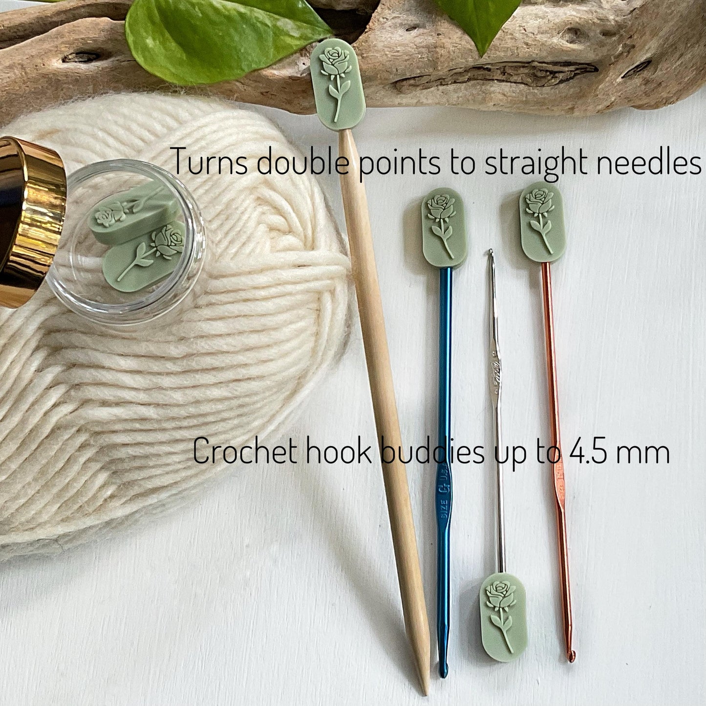 ROSE EMBOSSED set of 2 stitch stoppers, Knitting needle point protectors, keep your stitches safe, knit or crochet