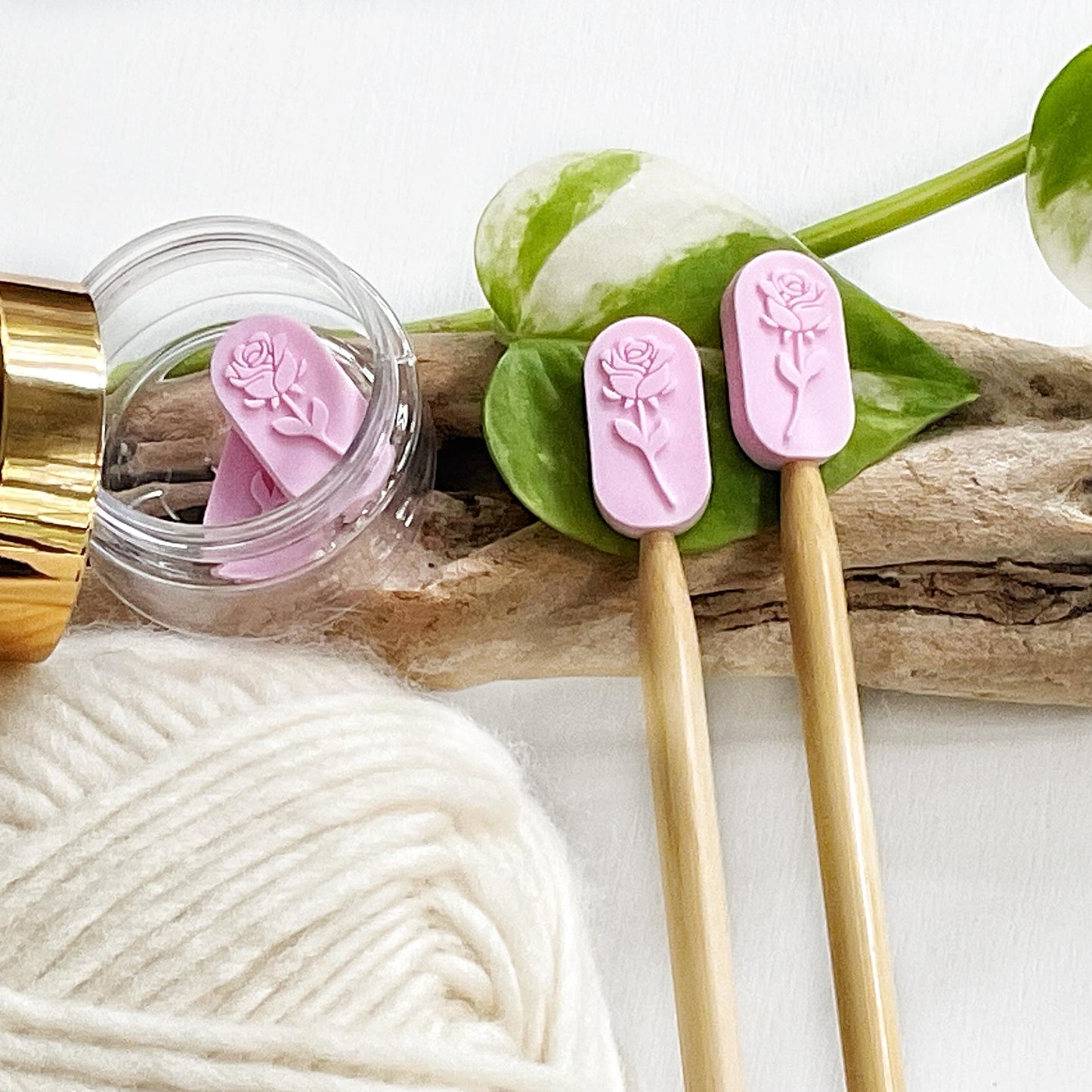 ROSE EMBOSSED set of 2 stitch stoppers, Knitting needle point protectors, keep your stitches safe, knit or crochet