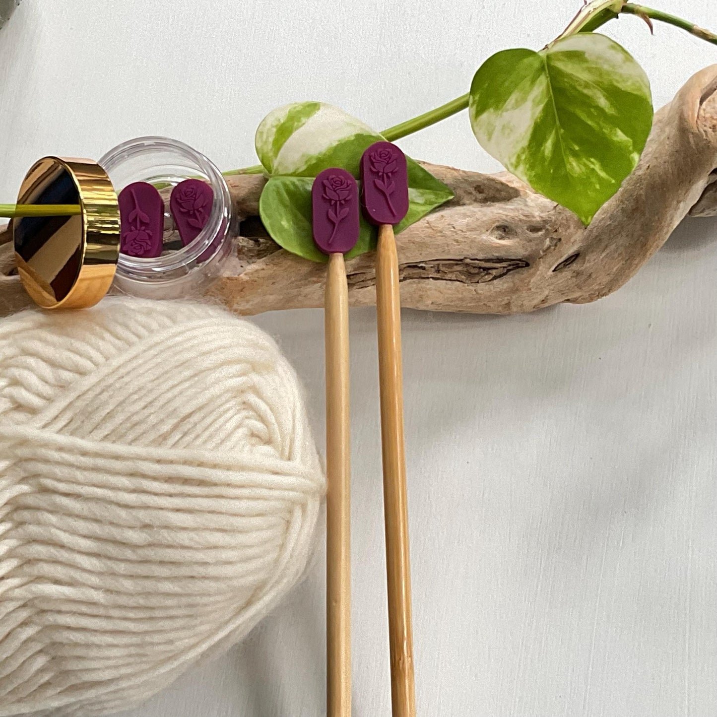 ROSE EMBOSSED set of 2 stitch stoppers, Knitting needle point protectors, keep your stitches safe, knit or crochet