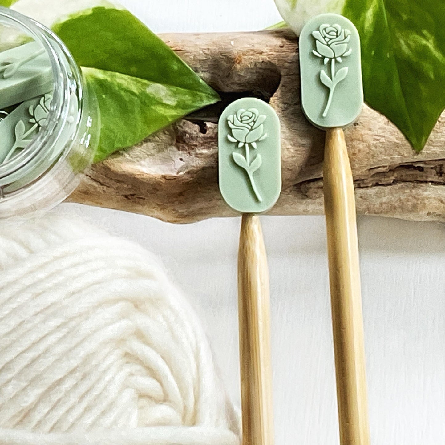 ROSE EMBOSSED set of 2 stitch stoppers, Knitting needle point protectors, keep your stitches safe, knit or crochet