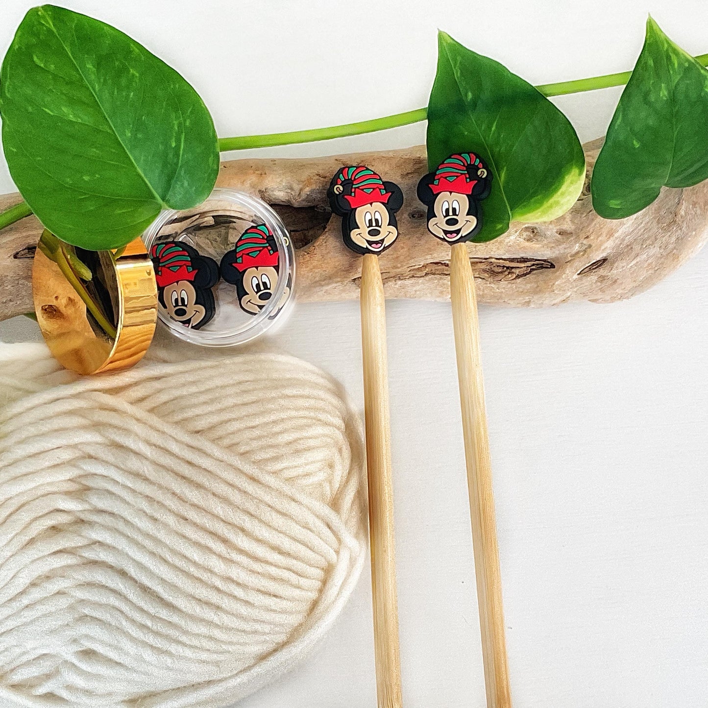 FESTIVE MICKEY MOUSE, Set of 2 stitch stoppers, knitting needle point protectors keeps your stitches safe, crochet hook buddies