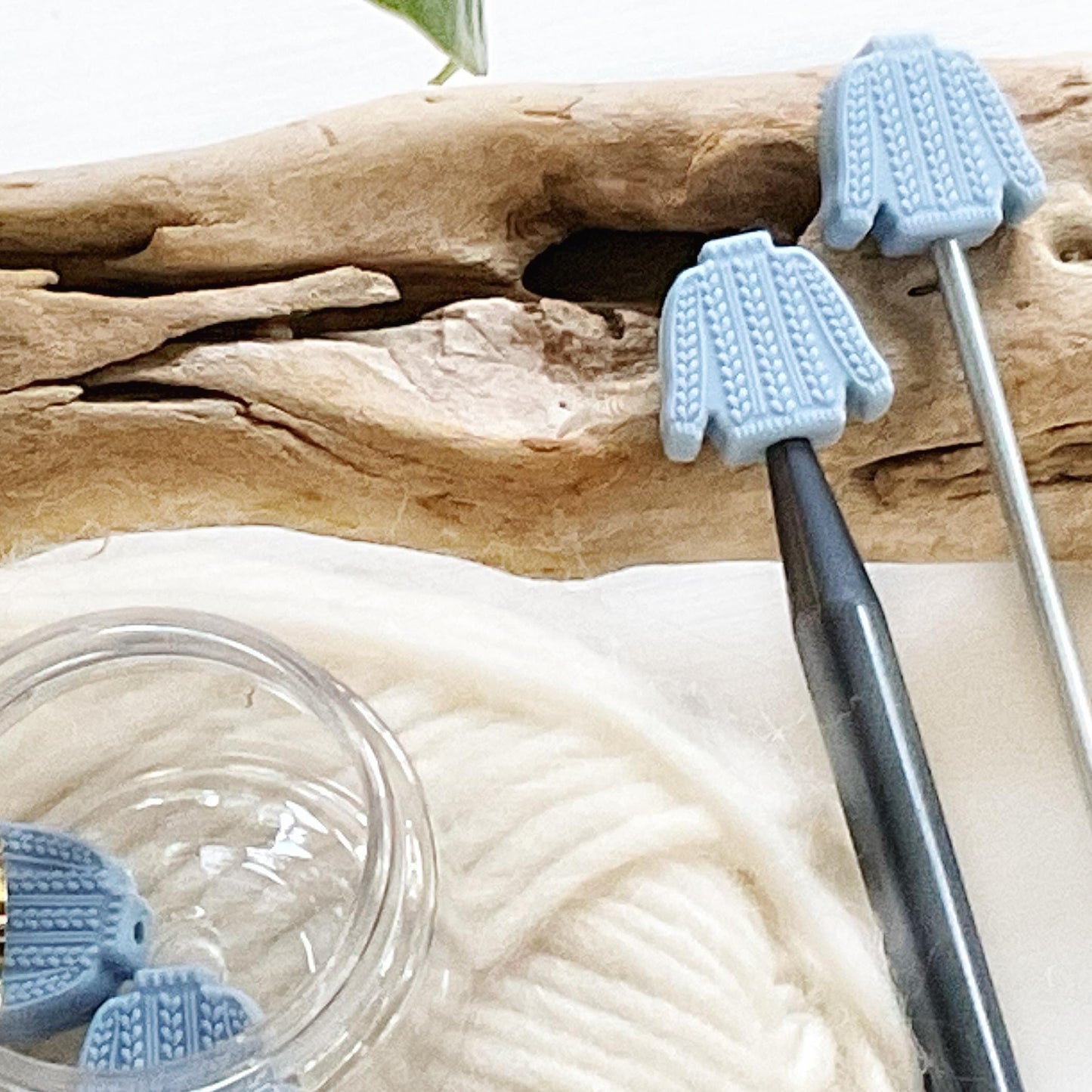 CABLE KNIT SWEATER set of 2 stitch stoppers celebrate Sweater Weather keep your stitches safe, knitting needle point protectors Blue + Cream