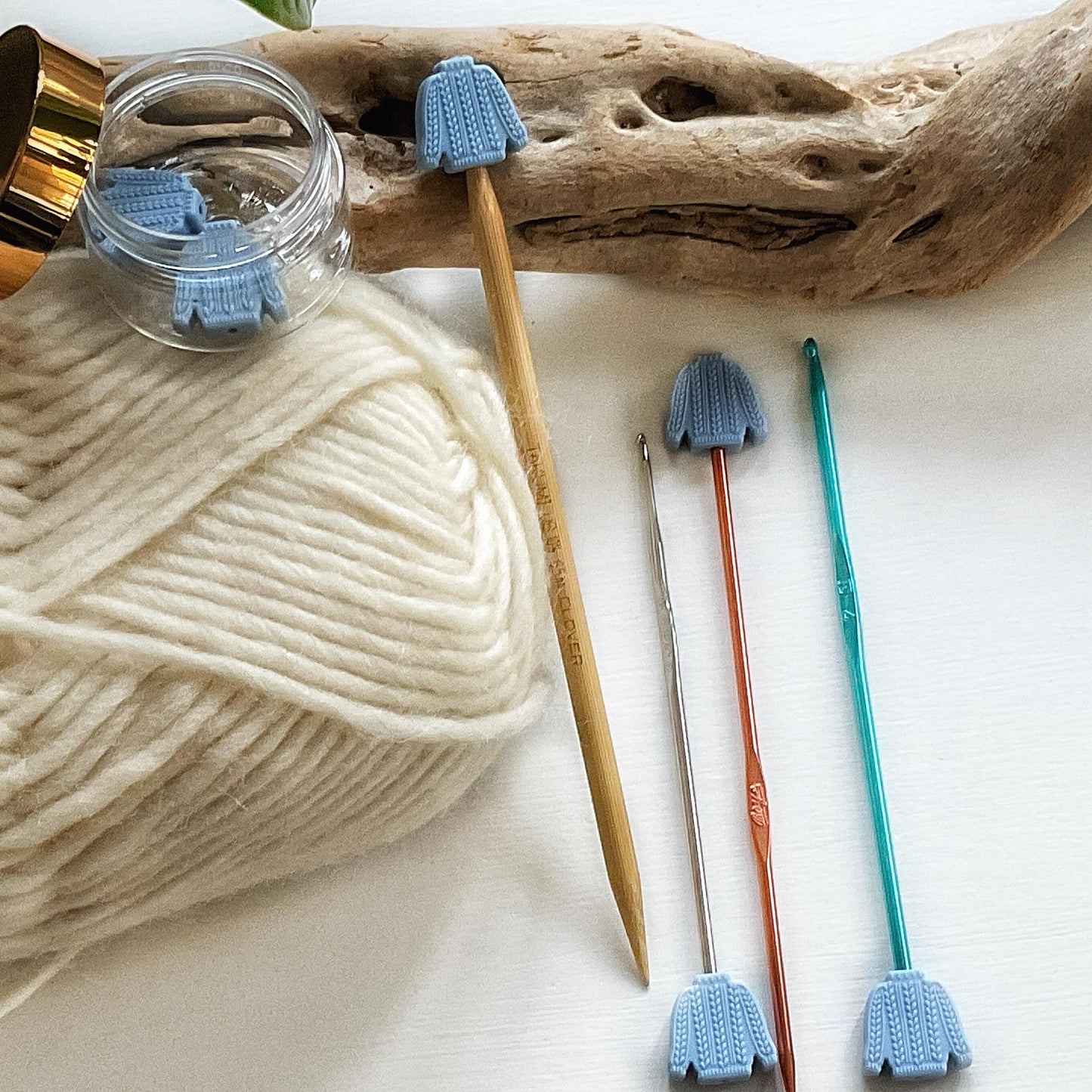 CABLE KNIT SWEATER set of 2 stitch stoppers celebrate Sweater Weather keep your stitches safe, knitting needle point protectors Blue + Cream