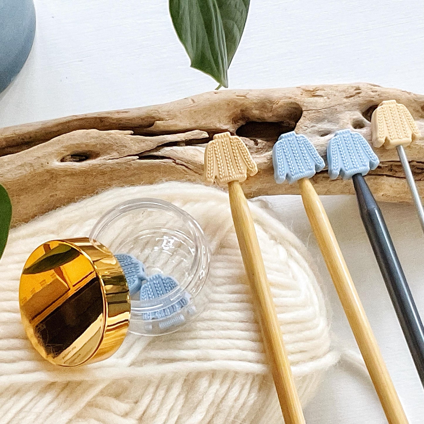CABLE KNIT SWEATER set of 2 stitch stoppers celebrate Sweater Weather keep your stitches safe, knitting needle point protectors Blue + Cream