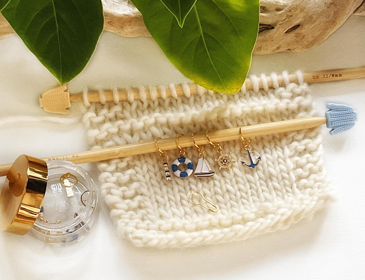 SAILING LOVERS stitch markers, 5 metal + enamel knit or crochet markers: boat, wheel, lifebouy, lighthouse, anchor + storage jar w/ lid