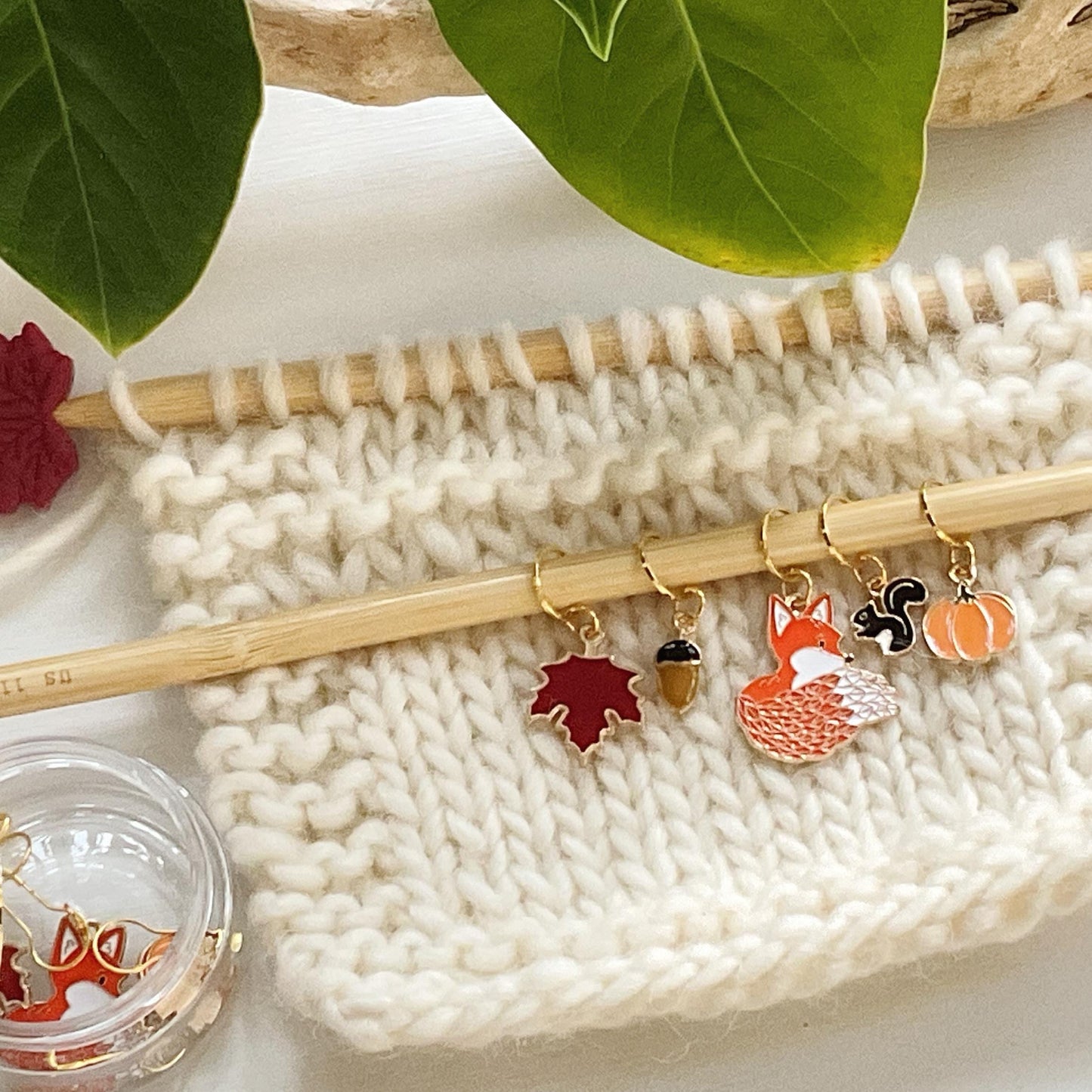 AUTUMN in the FOREST set of 5 metal + enamel knit or crochet stitch markers: leaf, acorn, fox, squirrel, & pumpkin + storage jar w/ lid