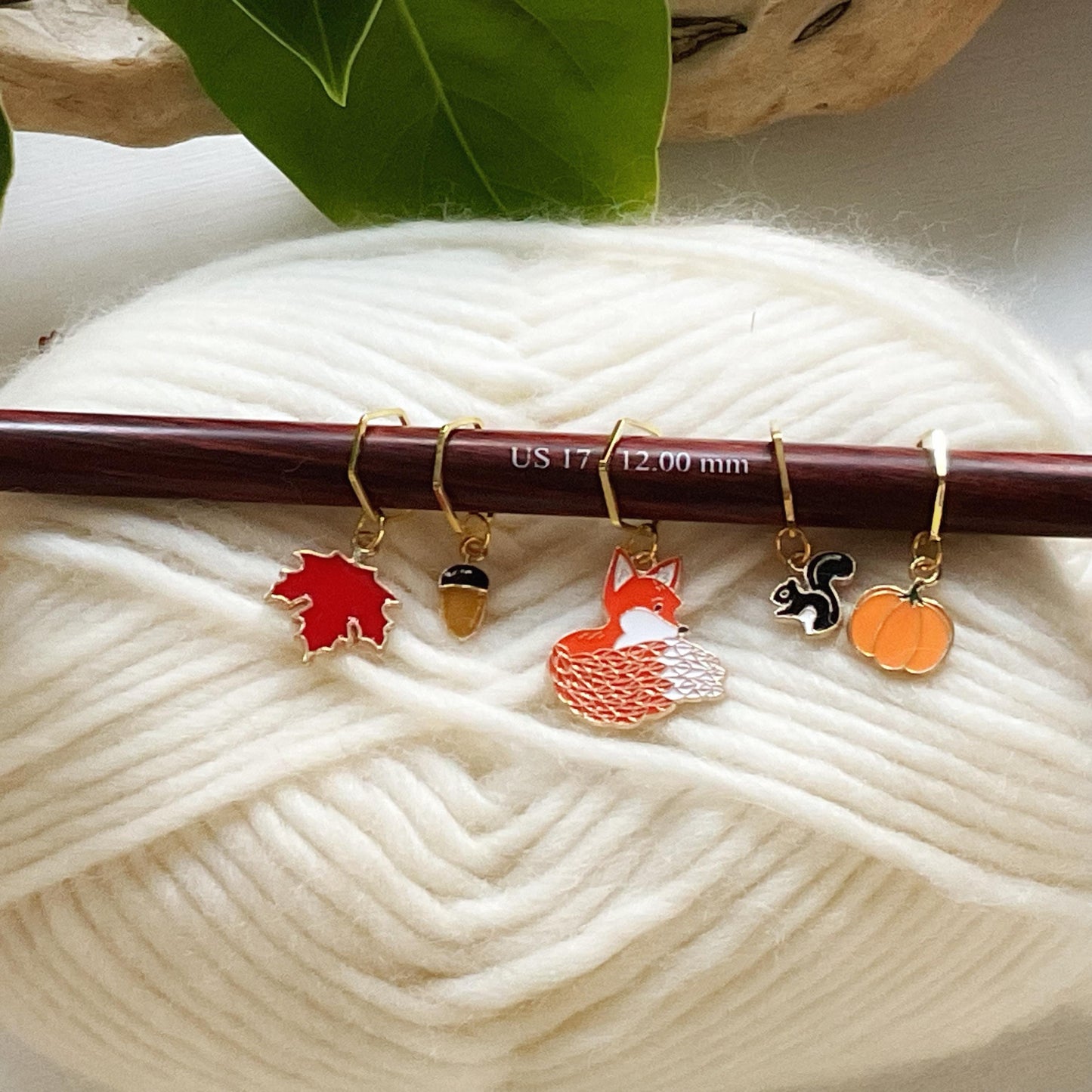 AUTUMN in the FOREST set of 5 metal + enamel knit or crochet stitch markers: leaf, acorn, fox, squirrel, & pumpkin + storage jar w/ lid