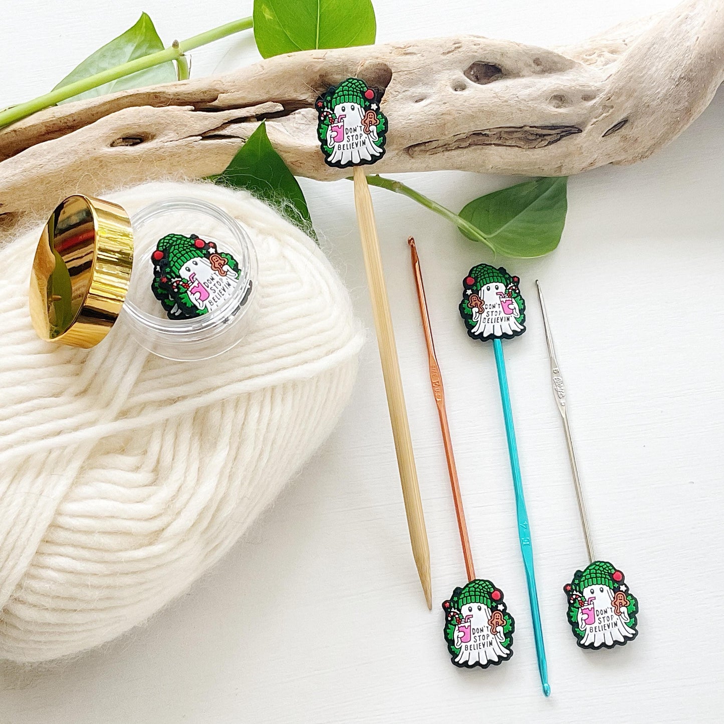 Festive GHOST set of 2 stitch stoppers, celebrate WINTER + keep your stitches safe, knitting needle point protectors