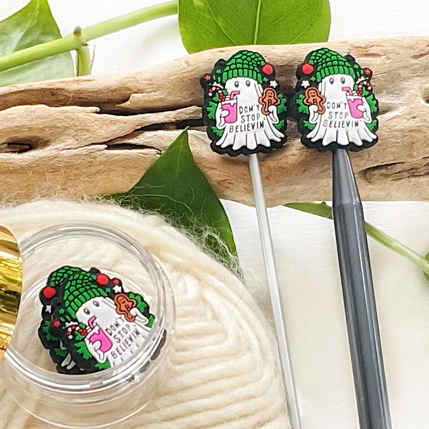 Festive GHOST set of 2 stitch stoppers, celebrate WINTER + keep your stitches safe, knitting needle point protectors