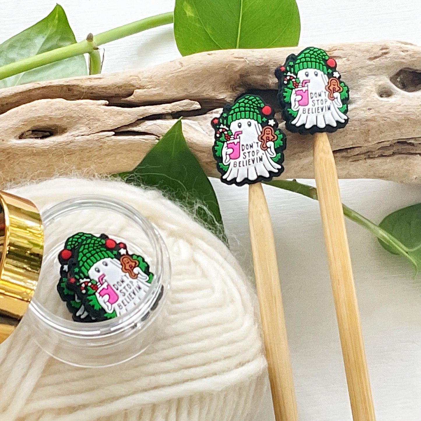 Festive GHOST set of 2 stitch stoppers, celebrate WINTER + keep your stitches safe, knitting needle point protectors