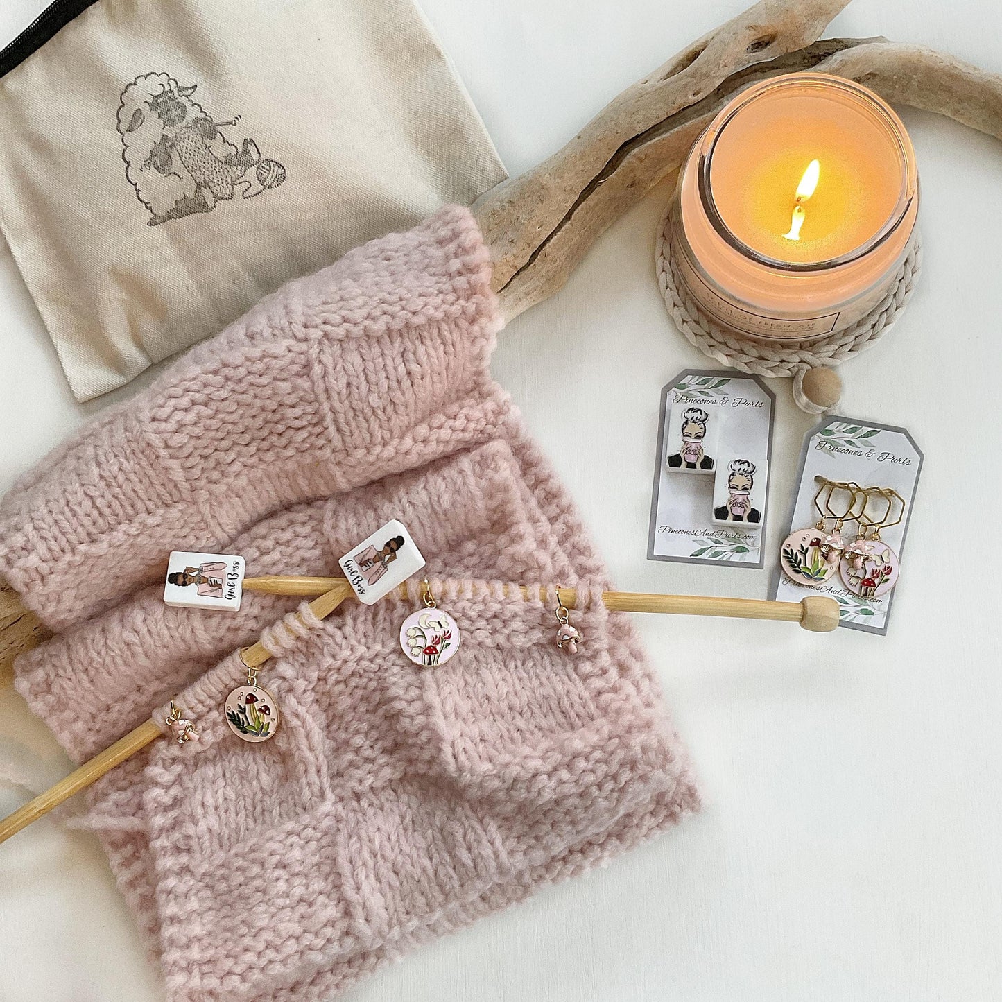 FLORA + FAUNA FOREST set of 4 - 6 knit or crochet stitch markers, flower and mushroom discs, enamel markers + storage jar w/ lid