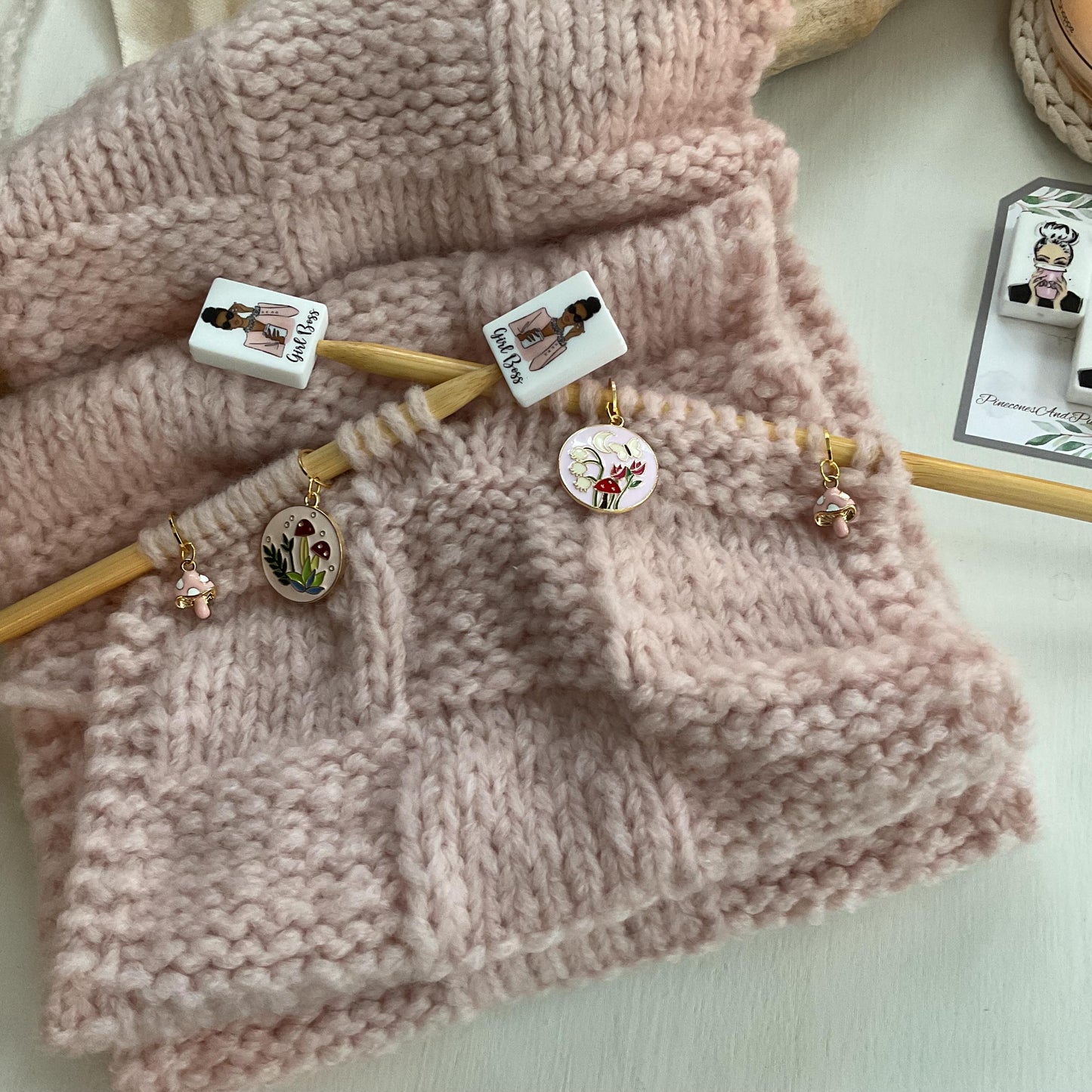 FLORA + FAUNA FOREST set of 4 - 6 knit or crochet stitch markers, flower and mushroom discs, enamel markers + storage jar w/ lid