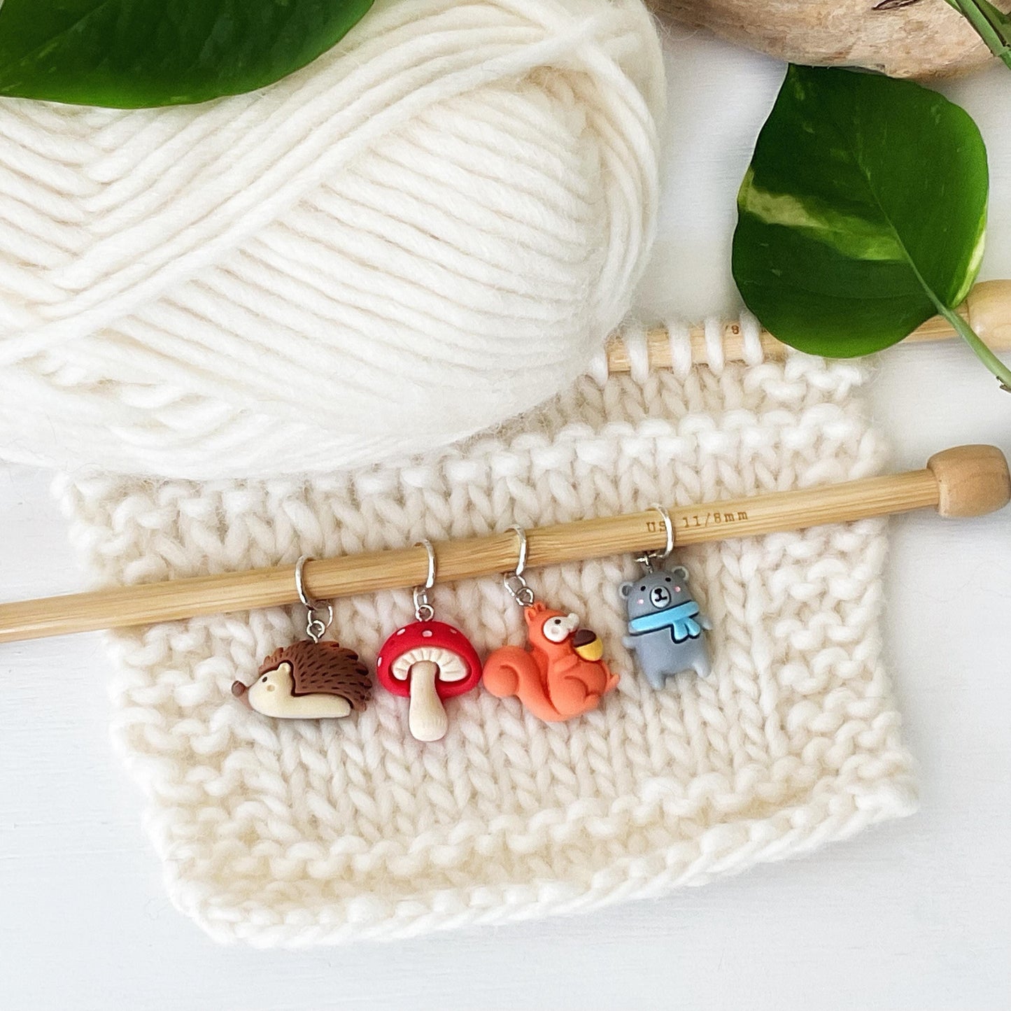Hedgehogs and Squirrels and Bears, oh my! And Mushrooms stitch markers for knit or crochet + storage jar w/ lid