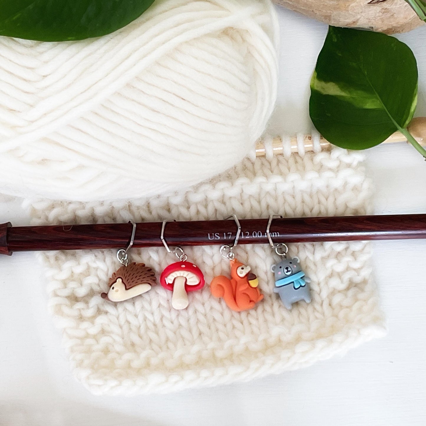 Hedgehogs and Squirrels and Bears, oh my! And Mushrooms stitch markers for knit or crochet + storage jar w/ lid
