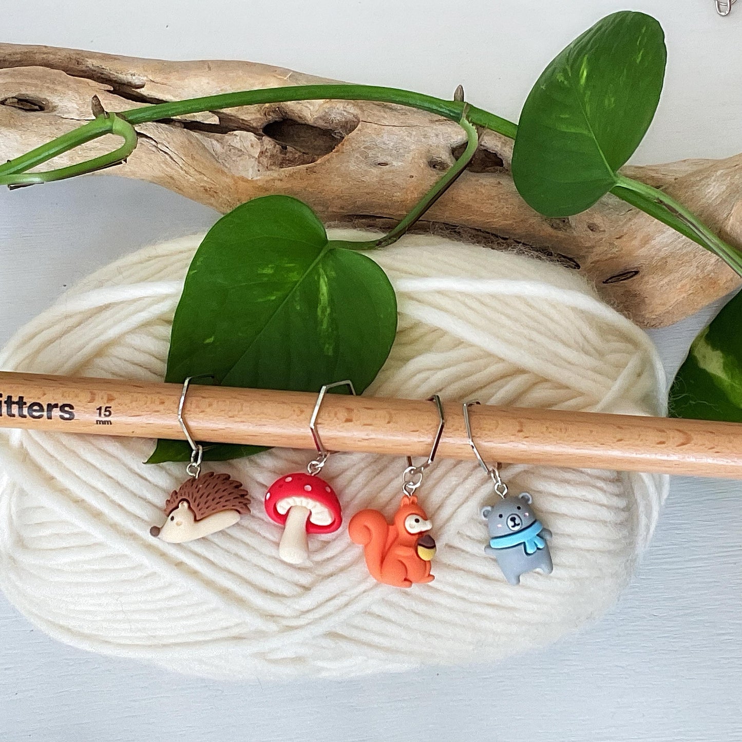 Hedgehogs and Squirrels and Bears, oh my! And Mushrooms stitch markers for knit or crochet + storage jar w/ lid