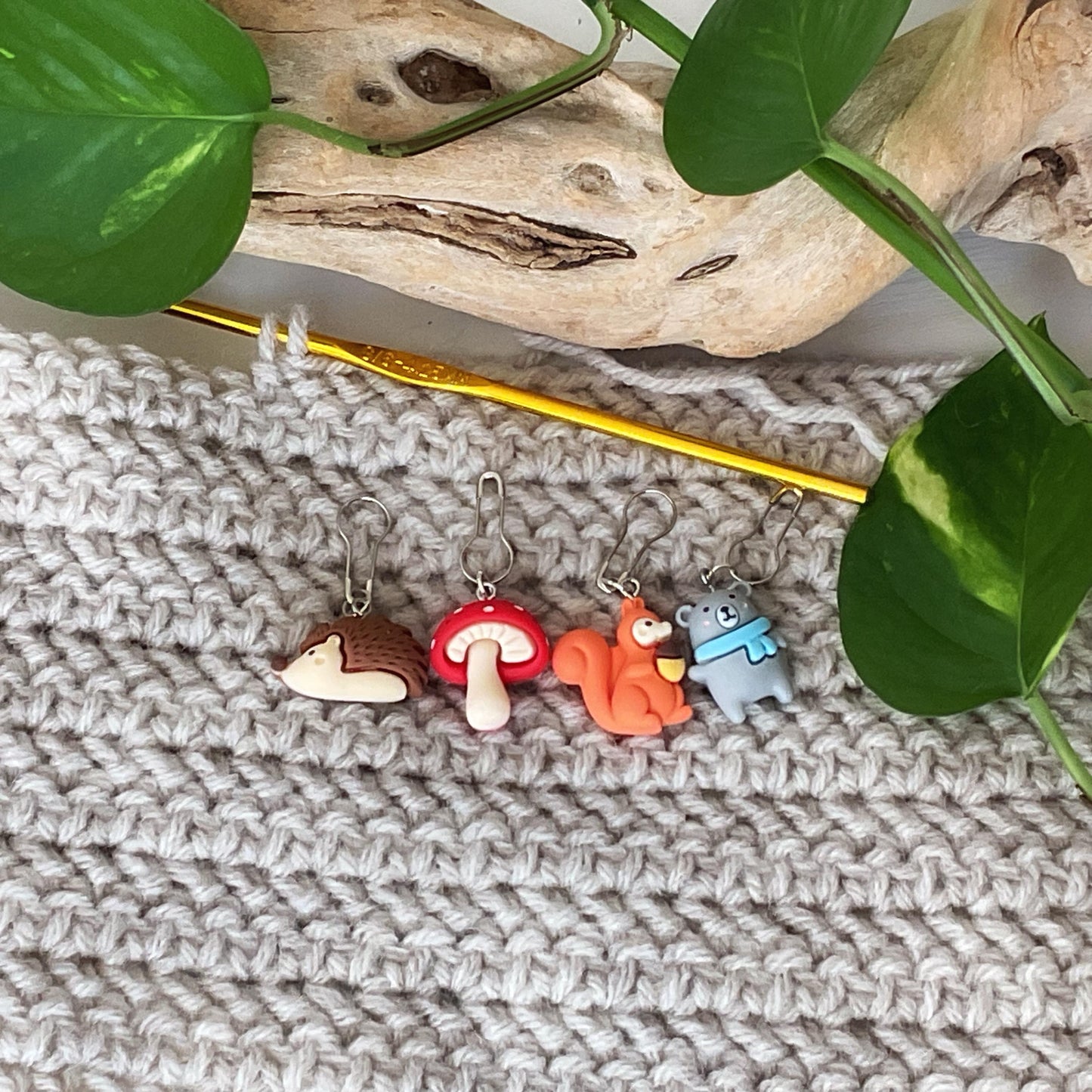 Hedgehogs and Squirrels and Bears, oh my! And Mushrooms stitch markers for knit or crochet + storage jar w/ lid