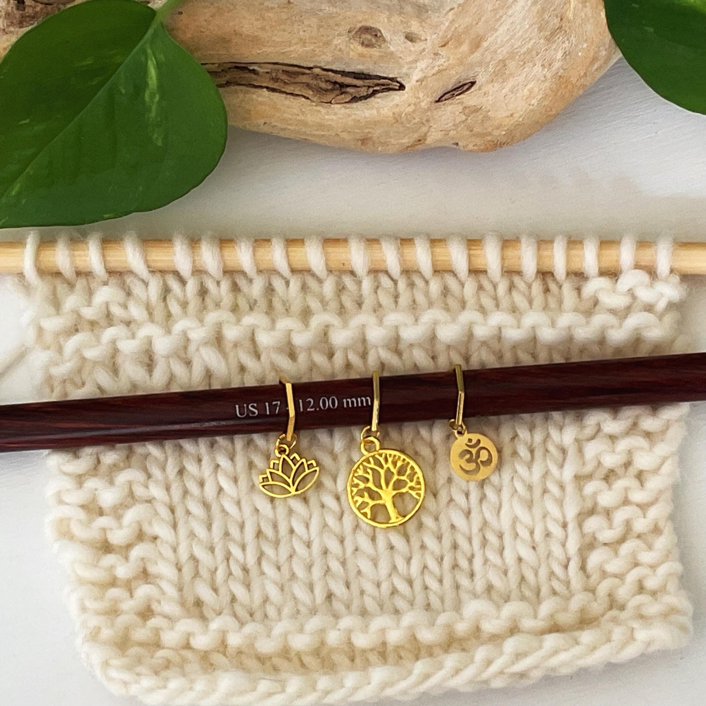PEACE + TRANQUILITY set of 3 knit or crochet stitch markers Lotus, Tree of Life + Om set of 3 golden markers + storage jar w/ lid