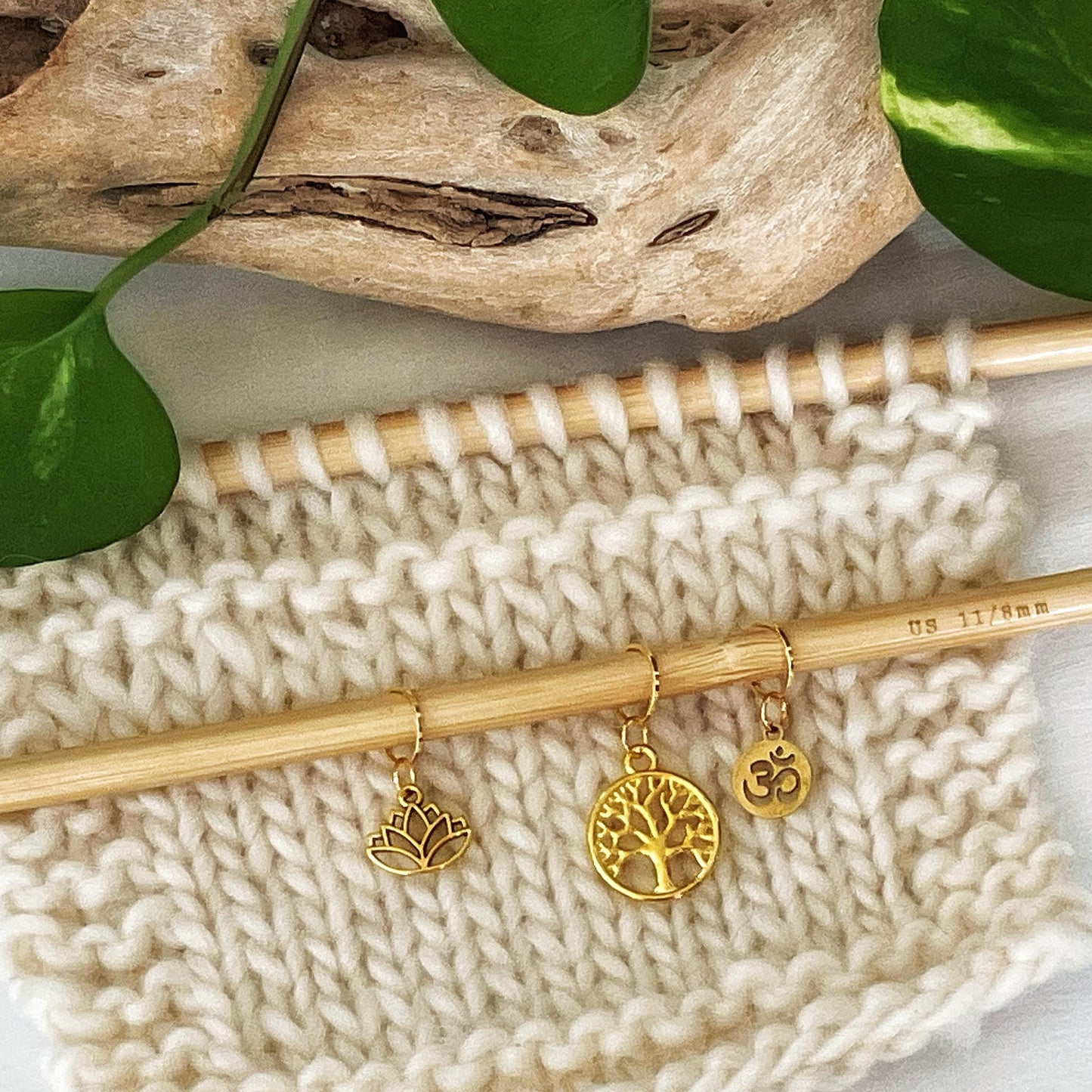 PEACE + TRANQUILITY set of 3 knit or crochet stitch markers Lotus, Tree of Life + Om set of 3 golden markers + storage jar w/ lid