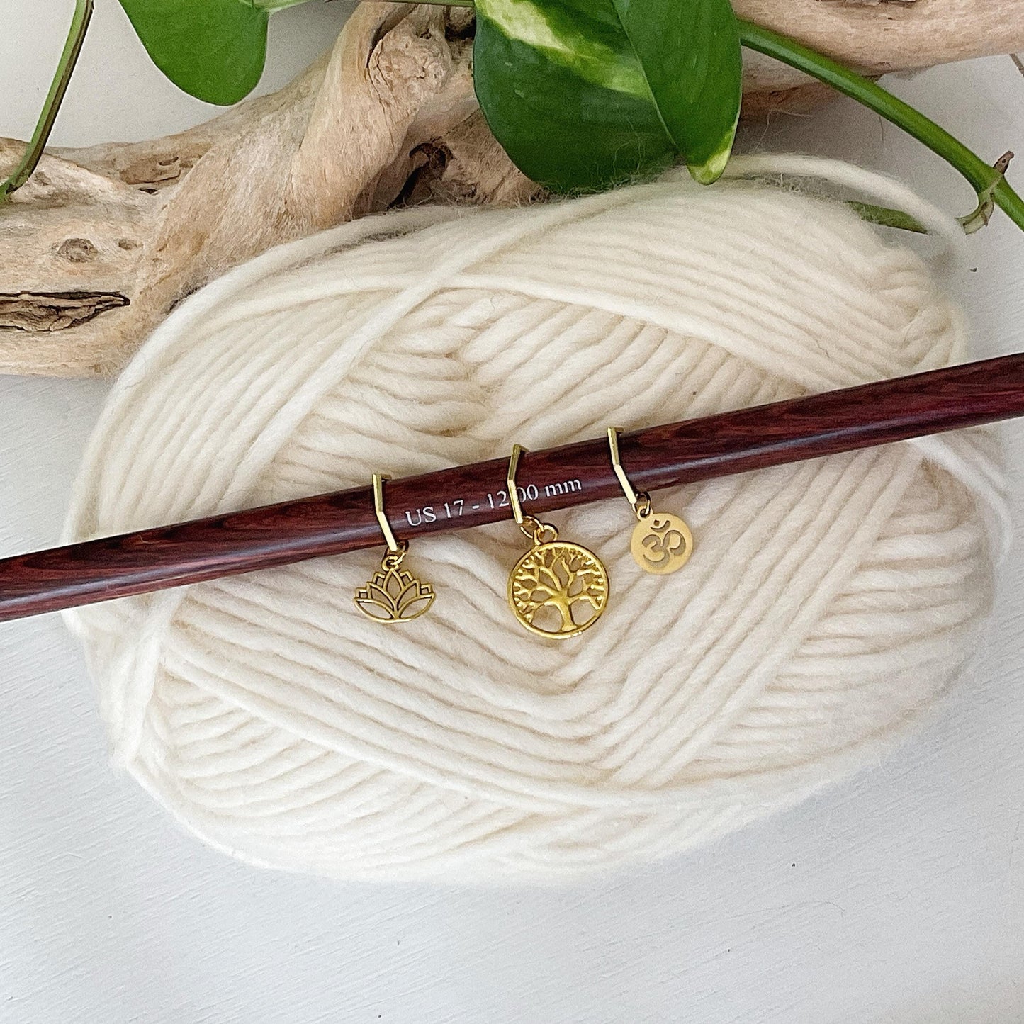 PEACE + TRANQUILITY set of 3 knit or crochet stitch markers Lotus, Tree of Life + Om set of 3 golden markers + storage jar w/ lid