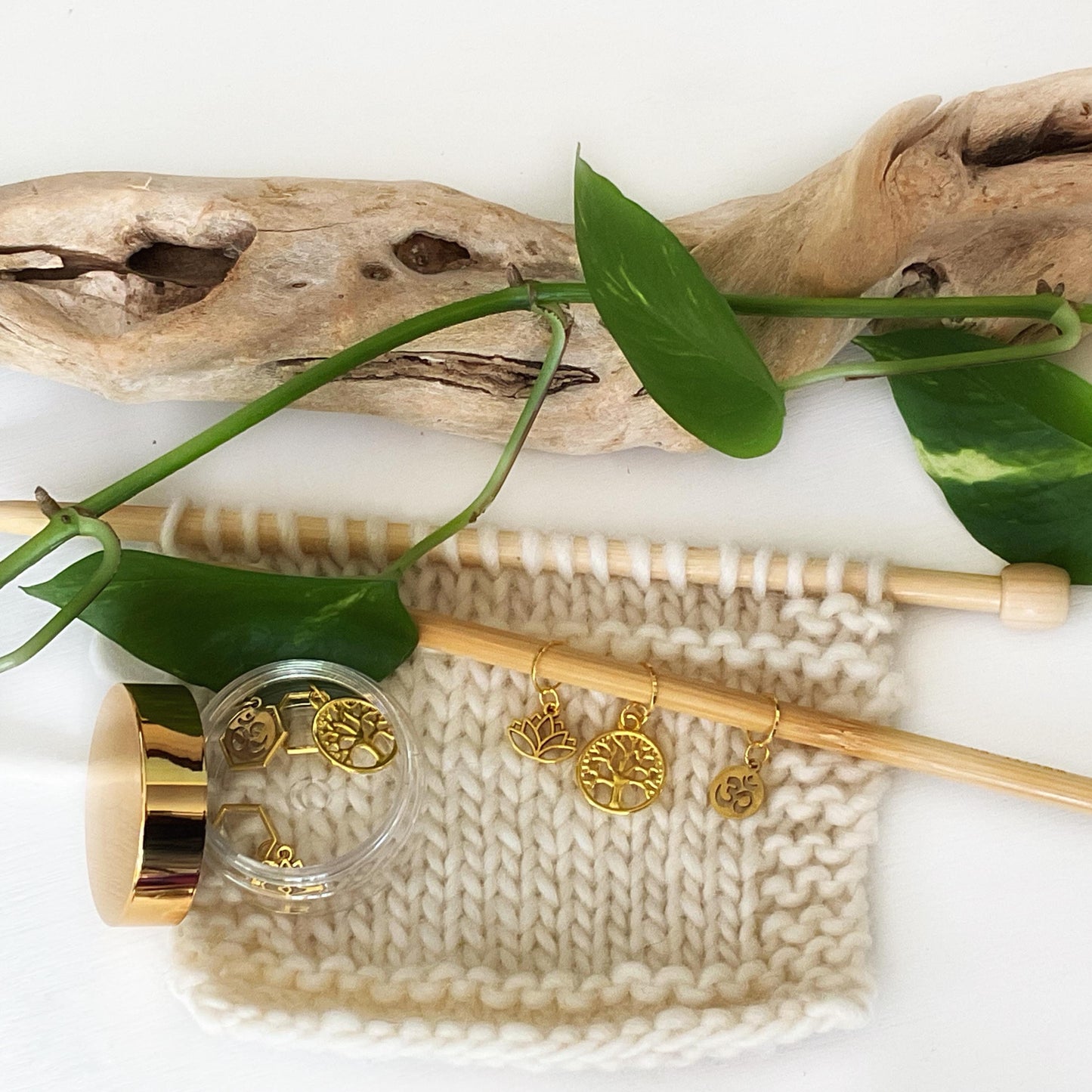 PEACE + TRANQUILITY set of 3 knit or crochet stitch markers Lotus, Tree of Life + Om set of 3 golden markers + storage jar w/ lid