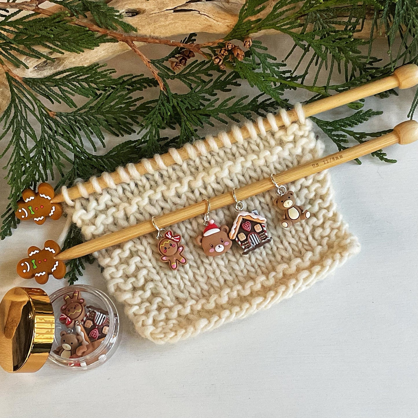 GINGERBREAD + BEARS CHRISTMAS Set of knit + crochet stitch markers + storage jar gingerbread house, girl, Santa bear + teddy stitch markers