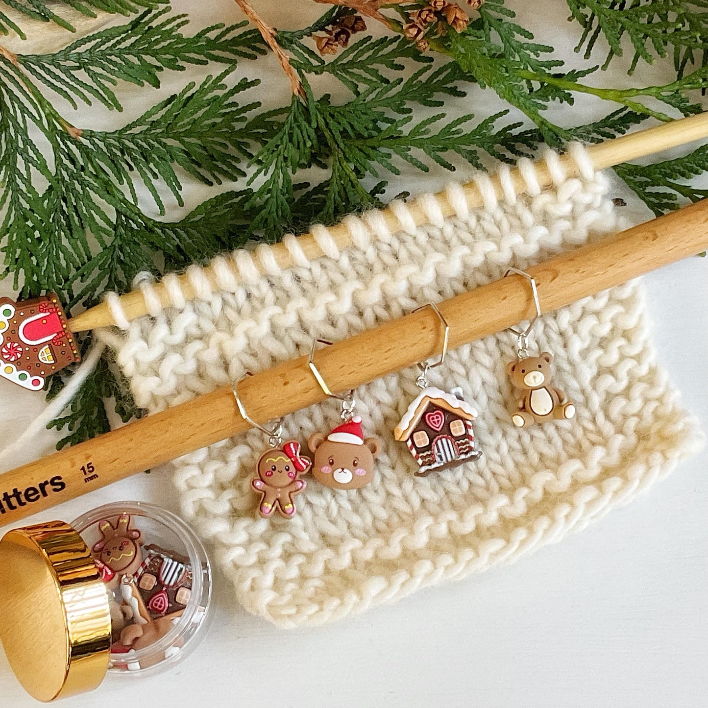 GINGERBREAD + BEARS CHRISTMAS Set of knit + crochet stitch markers + storage jar gingerbread house, girl, Santa bear + teddy stitch markers
