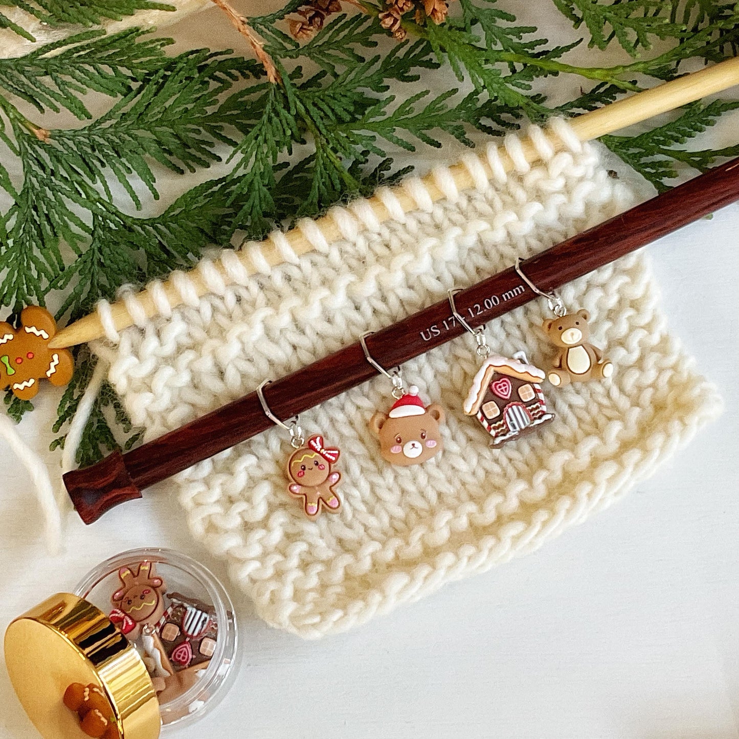 GINGERBREAD + BEARS CHRISTMAS Set of knit + crochet stitch markers + storage jar gingerbread house, girl, Santa bear + teddy stitch markers