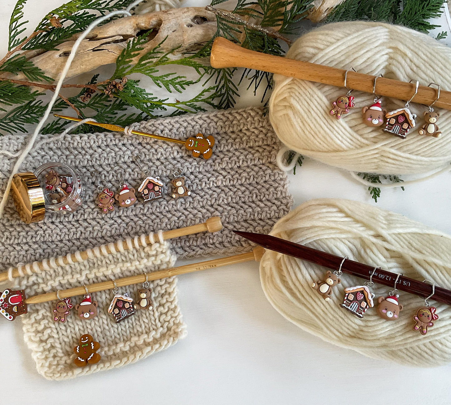 GINGERBREAD + BEARS CHRISTMAS Set of knit + crochet stitch markers + storage jar gingerbread house, girl, Santa bear + teddy stitch markers