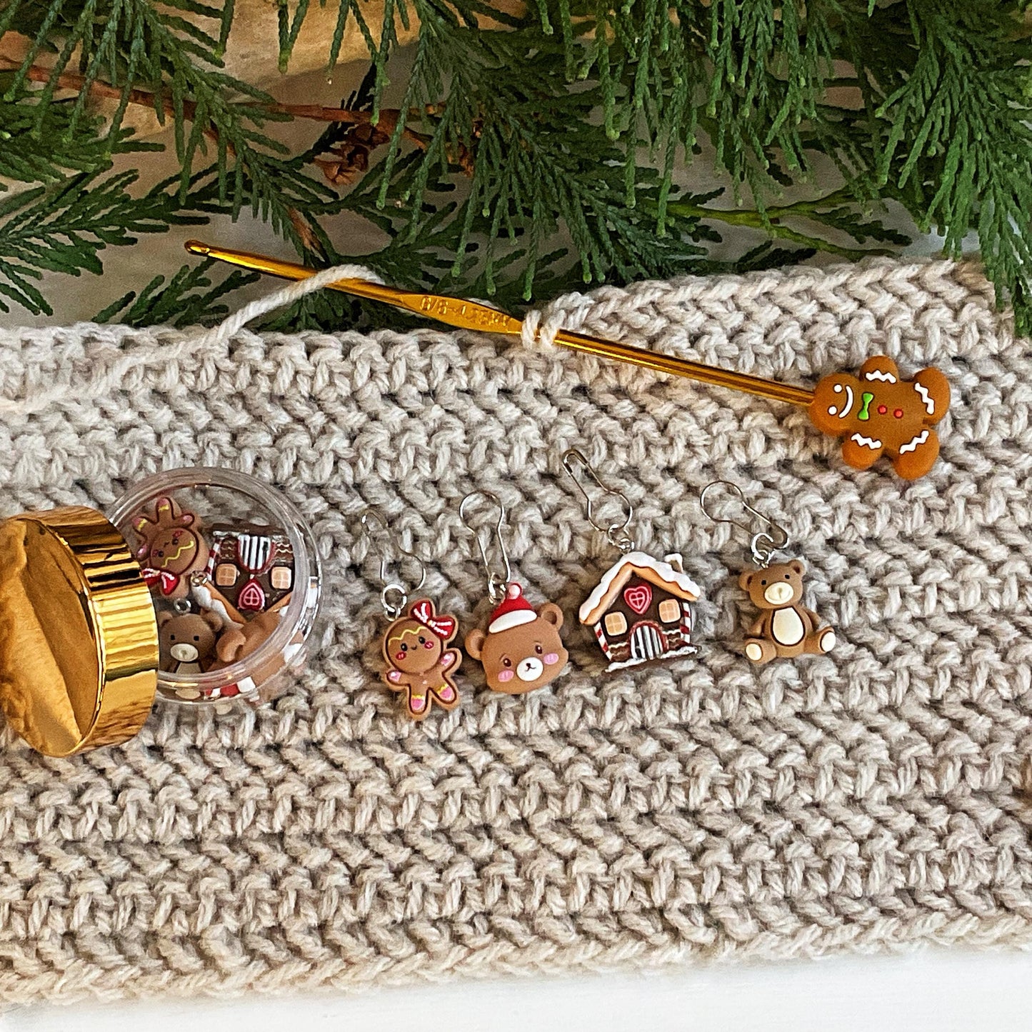 GINGERBREAD + BEARS CHRISTMAS Set of knit + crochet stitch markers + storage jar gingerbread house, girl, Santa bear + teddy stitch markers