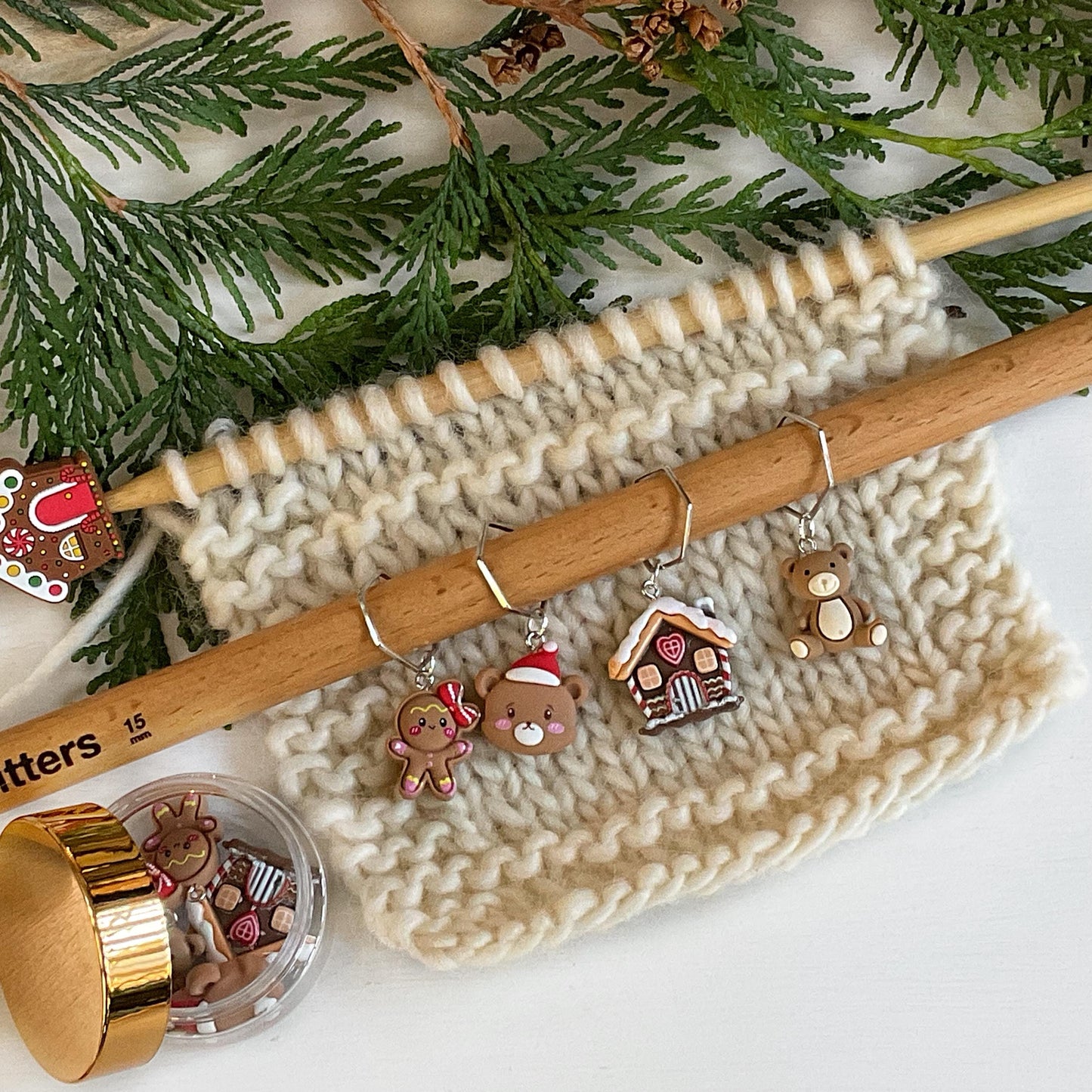 GINGERBREAD + BEARS CHRISTMAS Set of knit + crochet stitch markers + storage jar gingerbread house, girl, Santa bear + teddy stitch markers