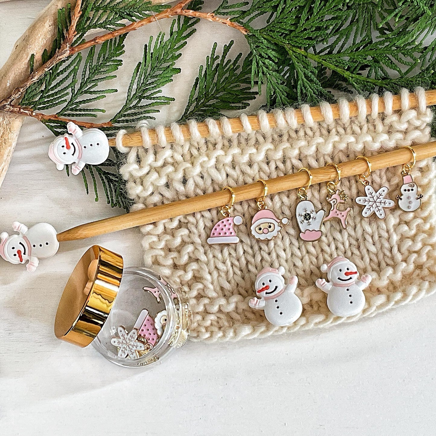 MODERN CHRISTMAS set of 6 Pink & White knit or crochet stitch markers + storage jar w/ lid- Limited Edition #2