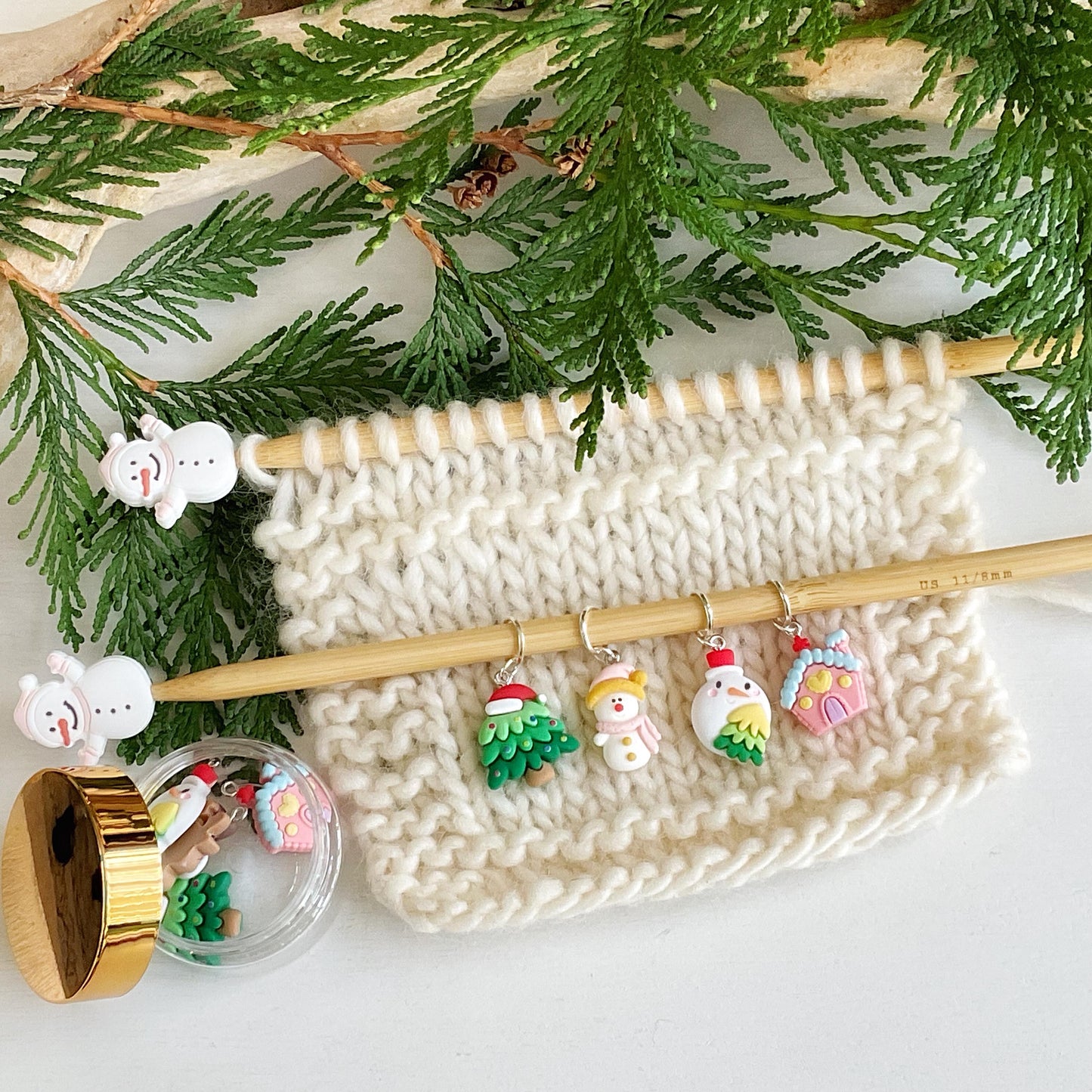 CHRISTMAS KAWAII Set of 4 knit + crochet stitch markers + storage jar, dancing tree, animated ornament, snowman + pink gingerbread house