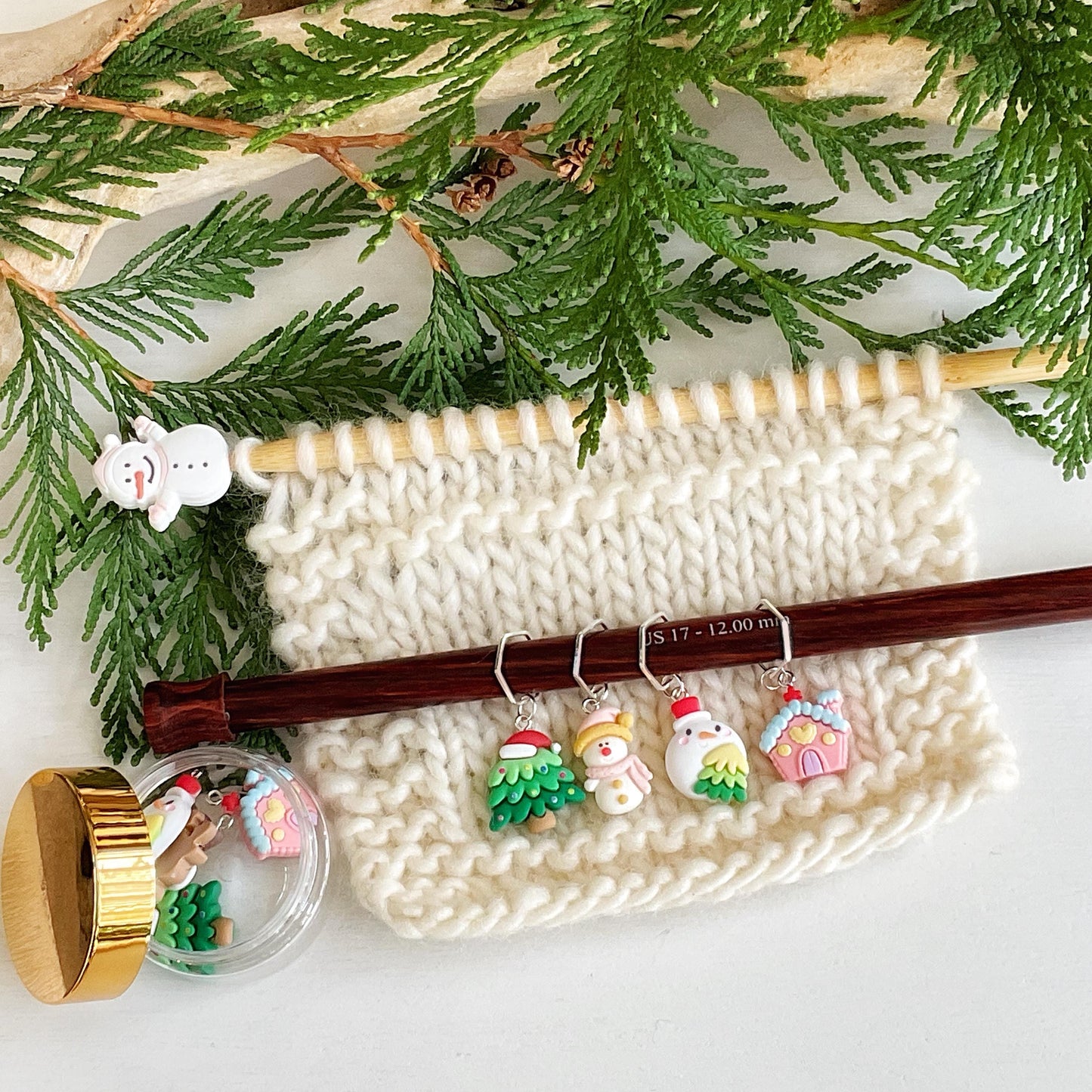 CHRISTMAS KAWAII Set of 4 knit + crochet stitch markers + storage jar, dancing tree, animated ornament, snowman + pink gingerbread house