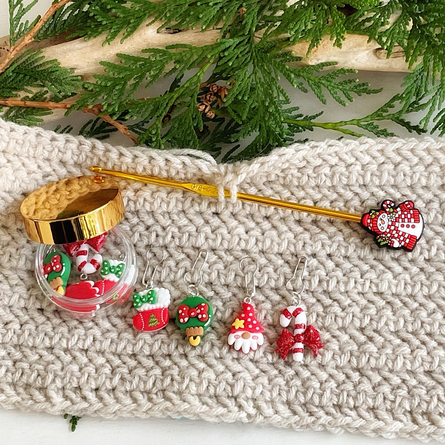 CHRISTMAS GNOME Set of 4 knit + crochet stitch markers + storage jar with candy cane, Santa gnome, ornament + stocking, choose you findings