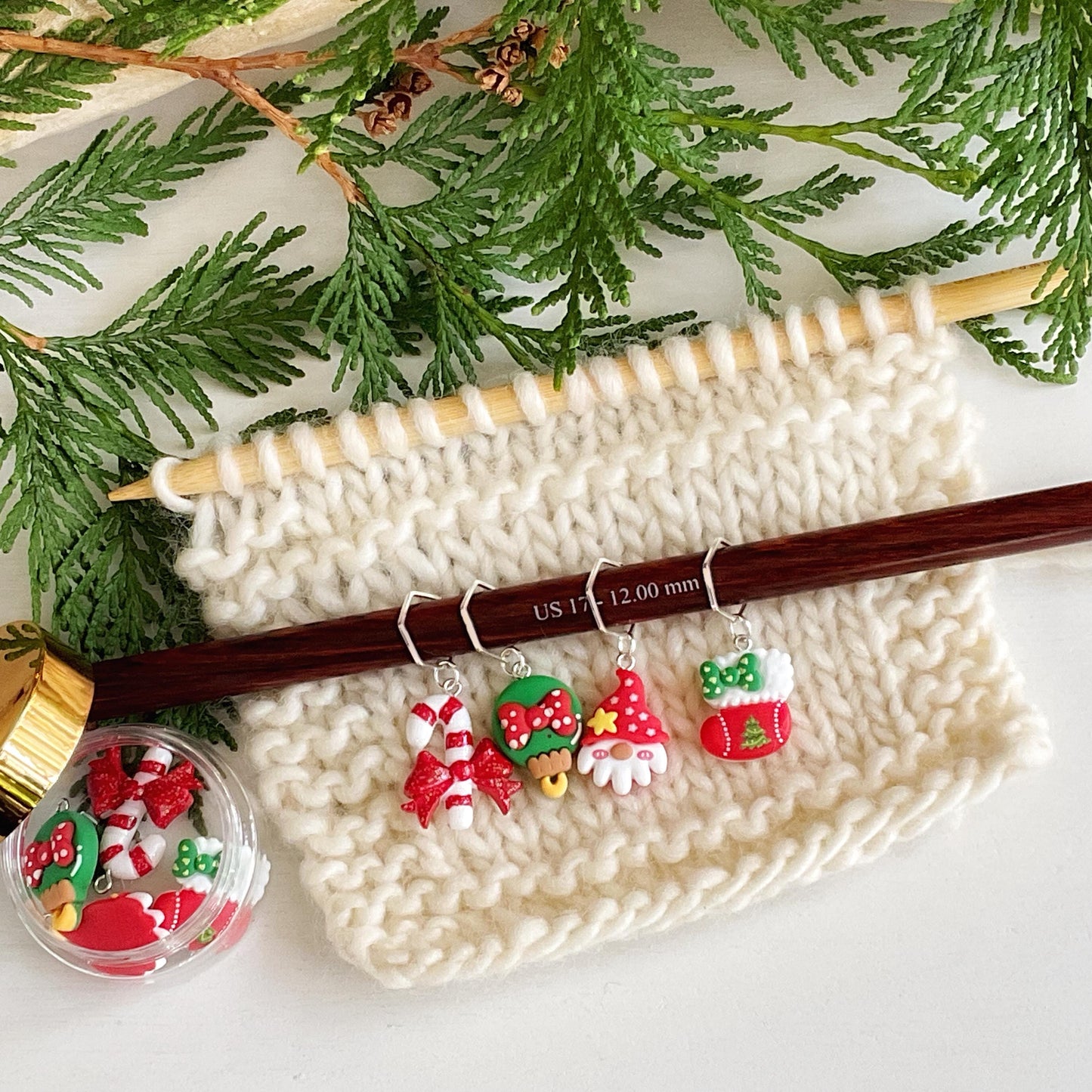 CHRISTMAS GNOME Set of 4 knit + crochet stitch markers + storage jar with candy cane, Santa gnome, ornament + stocking, choose you findings