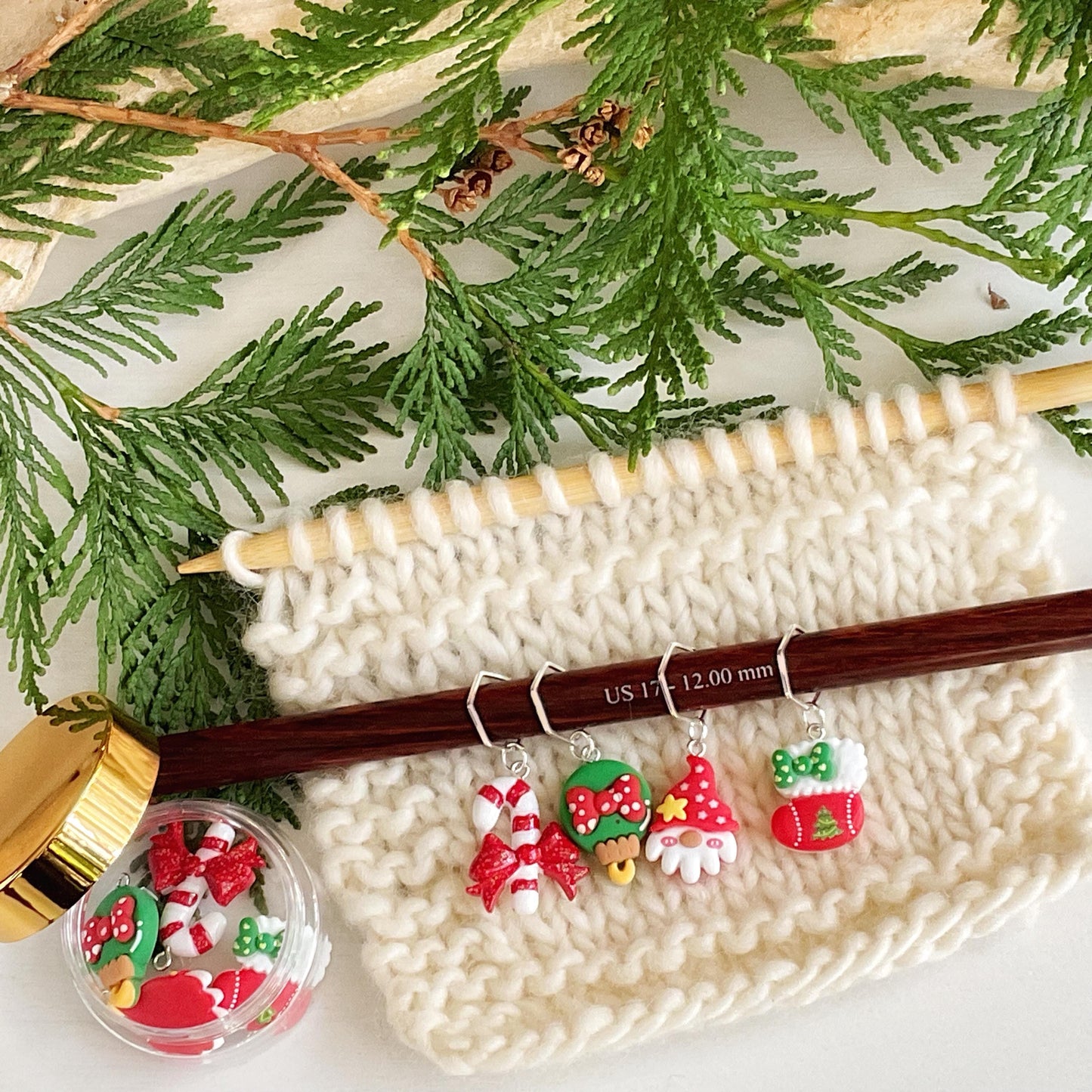 CHRISTMAS GNOME Set of 4 knit + crochet stitch markers + storage jar with candy cane, Santa gnome, ornament + stocking, choose you findings