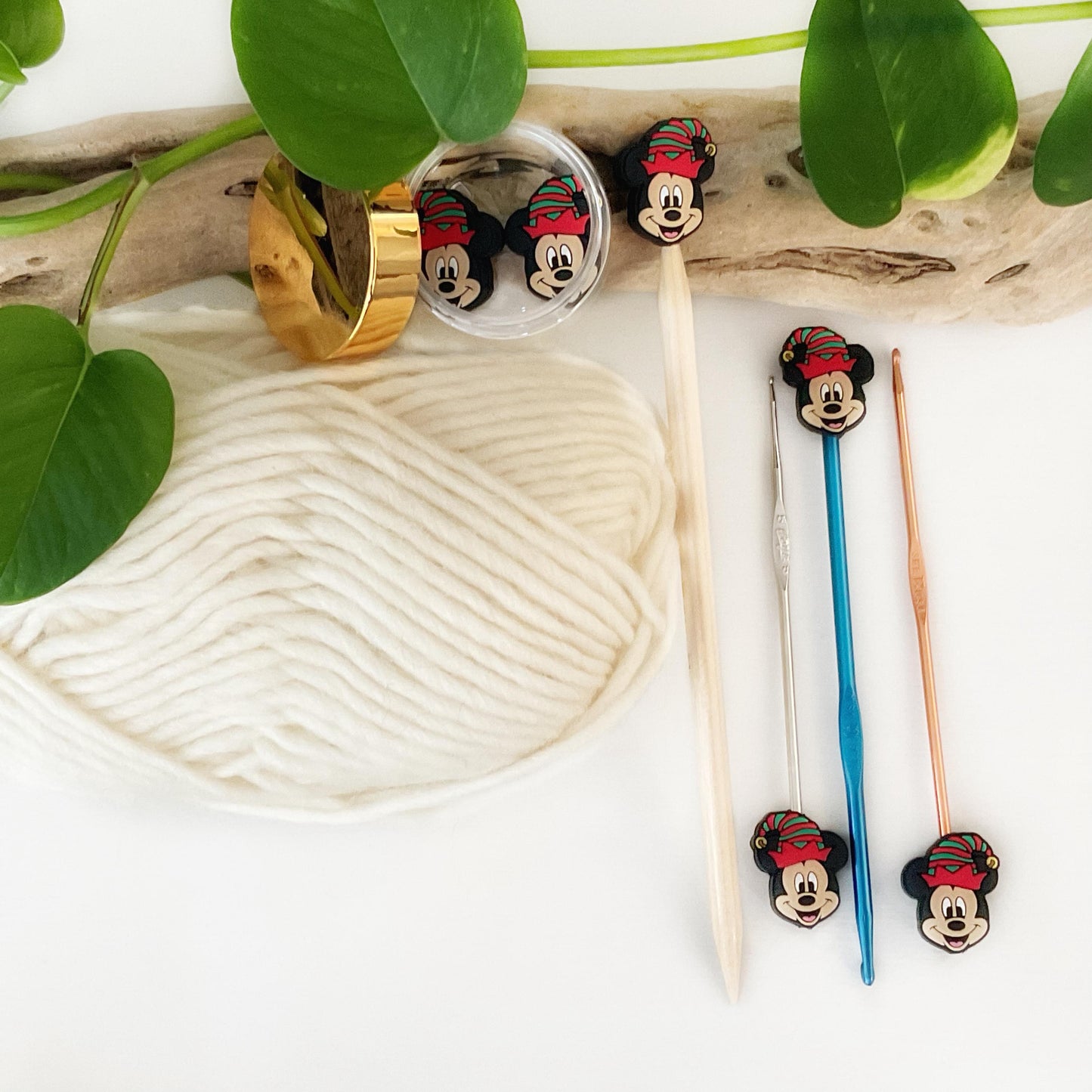 FESTIVE MICKEY MOUSE, Set of 2 stitch stoppers, knitting needle point protectors keeps your stitches safe, crochet hook buddies