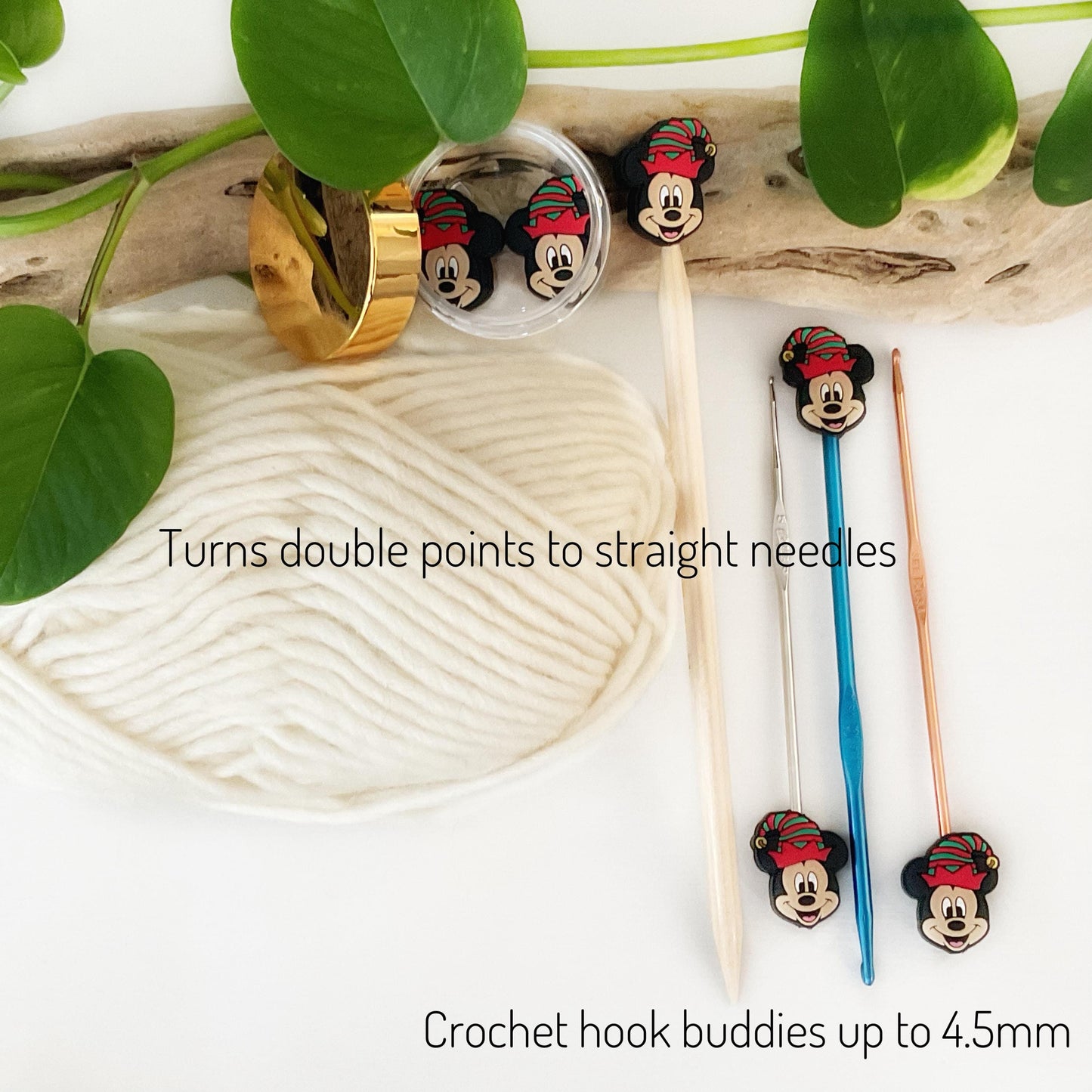FESTIVE MICKEY MOUSE, Set of 2 stitch stoppers, knitting needle point protectors keeps your stitches safe, crochet hook buddies