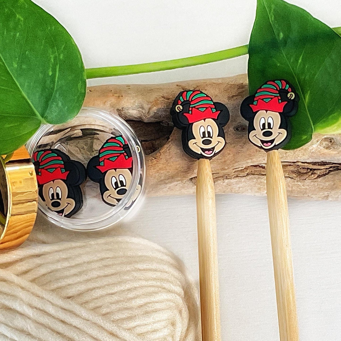FESTIVE MICKEY MOUSE, Set of 2 stitch stoppers, knitting needle point protectors keeps your stitches safe, crochet hook buddies